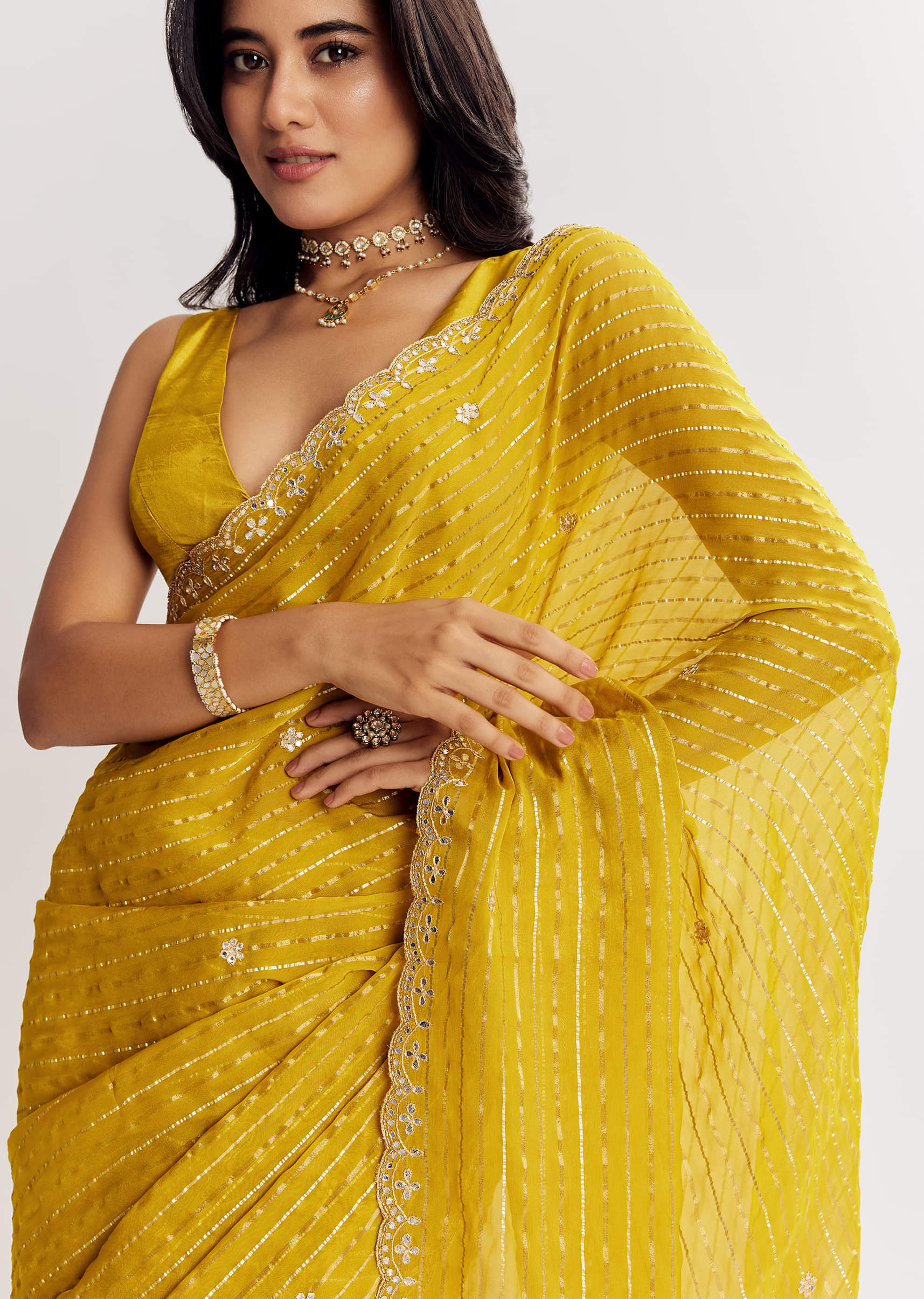 Mustard Yellow Georgette Saree With Foil Stripes And Mirror Gota Patti Work - Image 2
