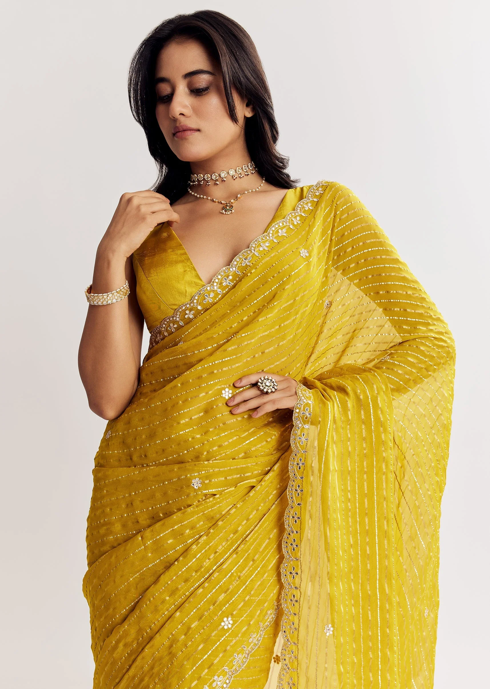 Mustard Yellow Georgette Saree With Foil Stripes And Mirror Gota Patti Work - Image 4