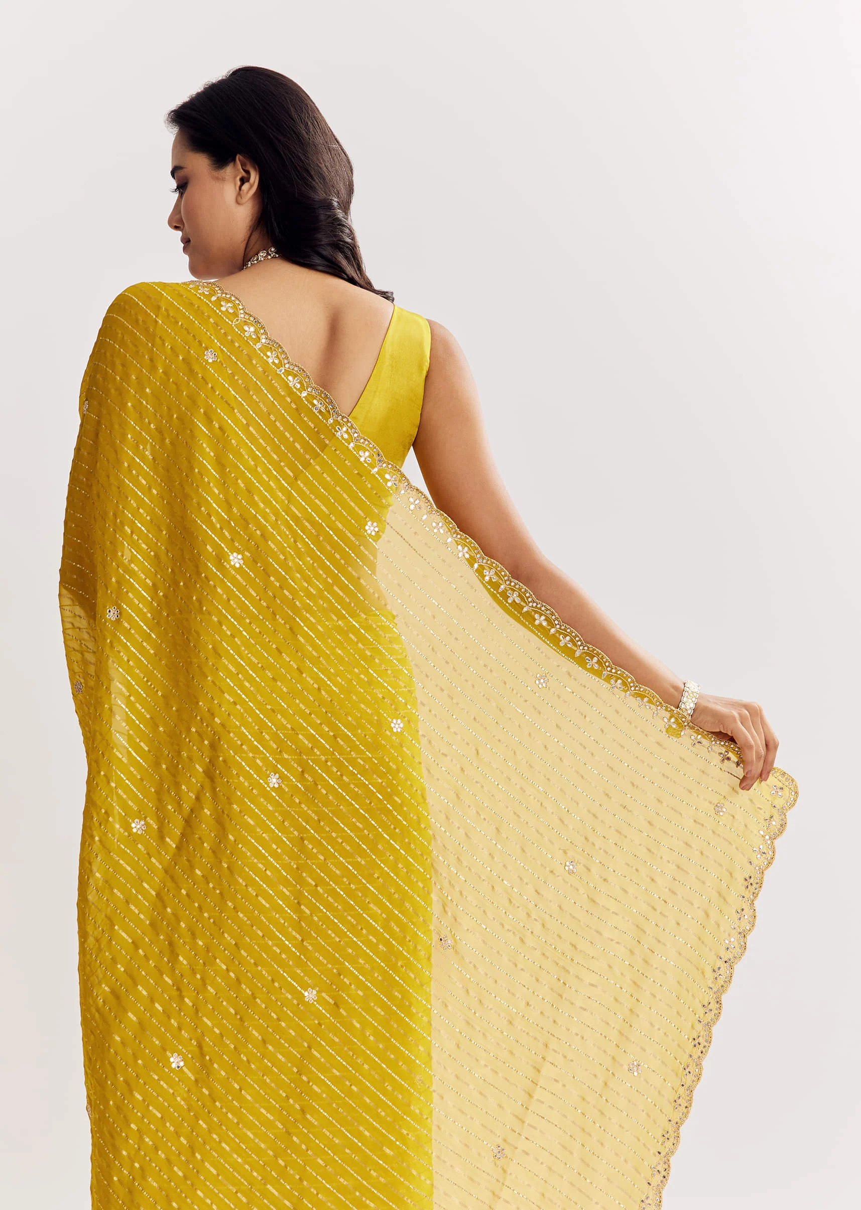 Mustard Yellow Georgette Saree With Foil Stripes And Mirror Gota Patti Work - Image 5