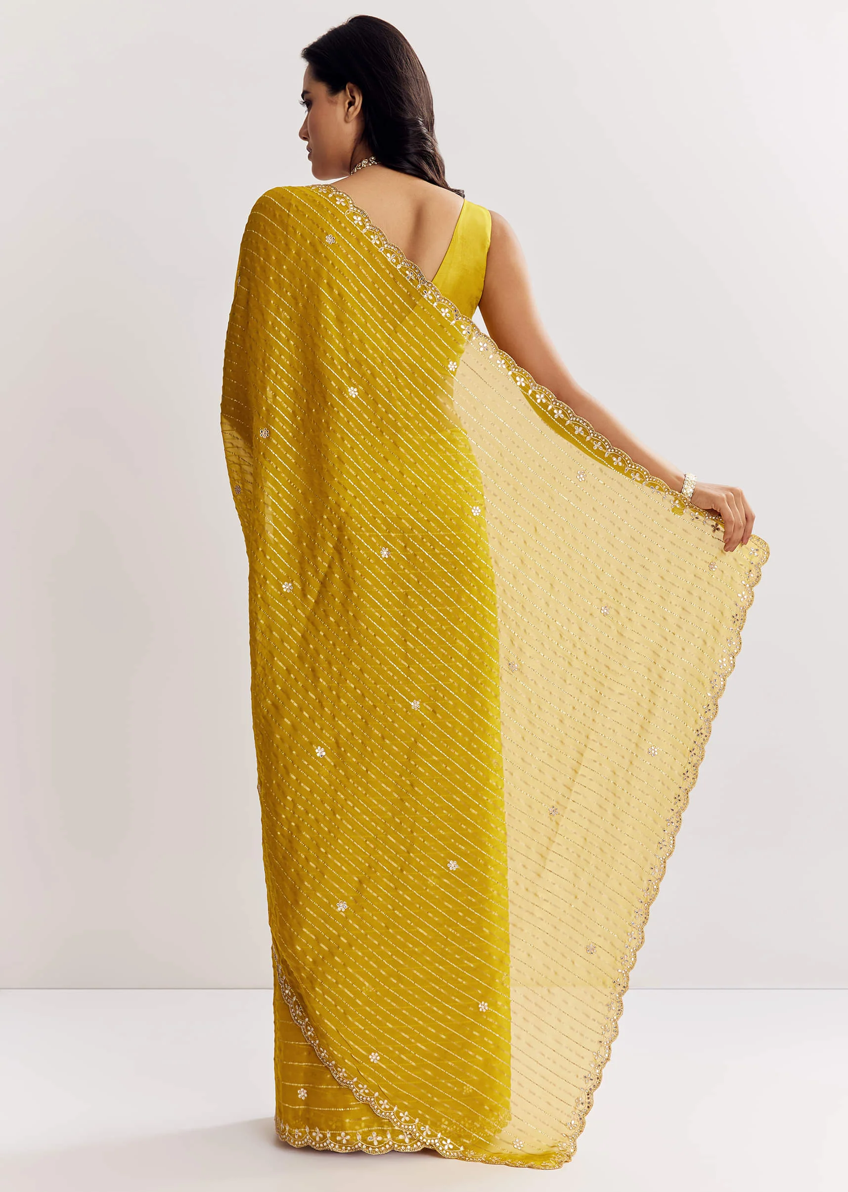 Mustard Yellow Georgette Saree With Foil Stripes And Mirror Gota Patti Work - Image 6