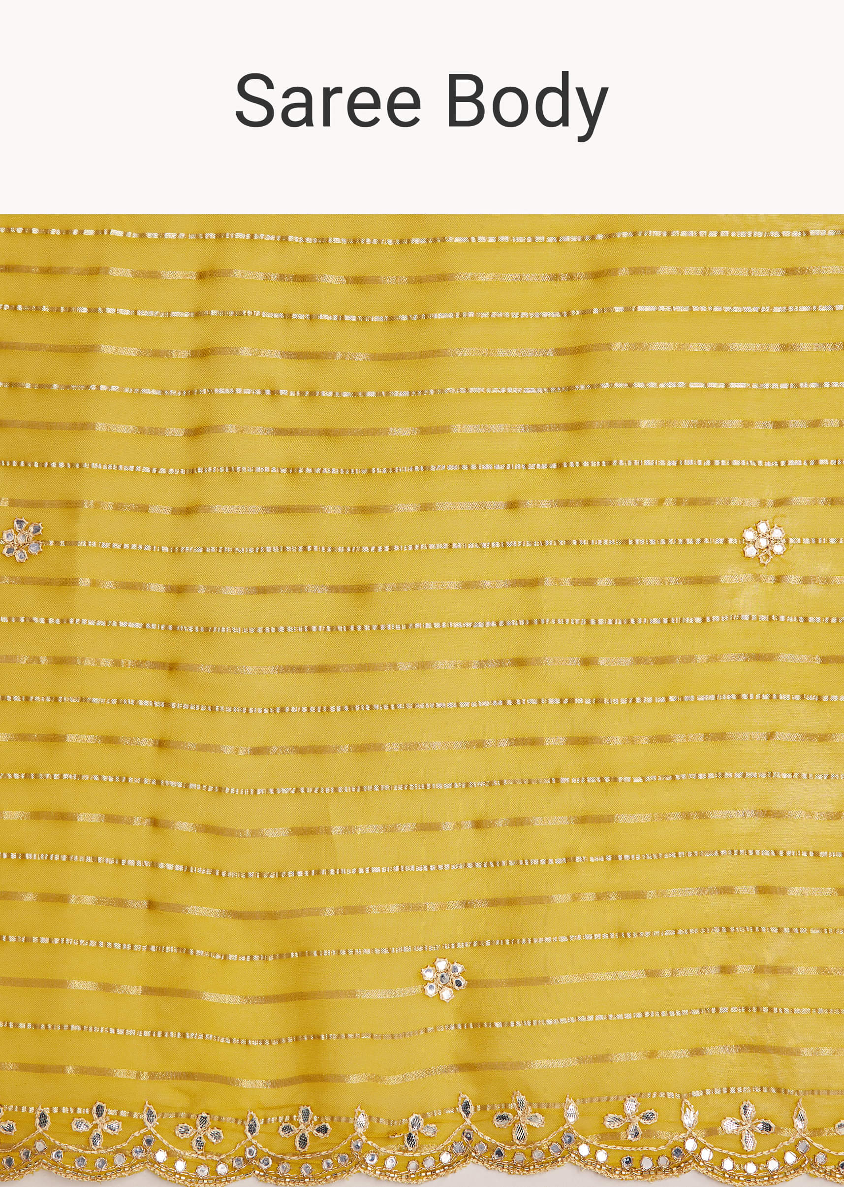 Mustard Yellow Georgette Saree With Foil Stripes And Mirror Gota Patti Work - Image 9