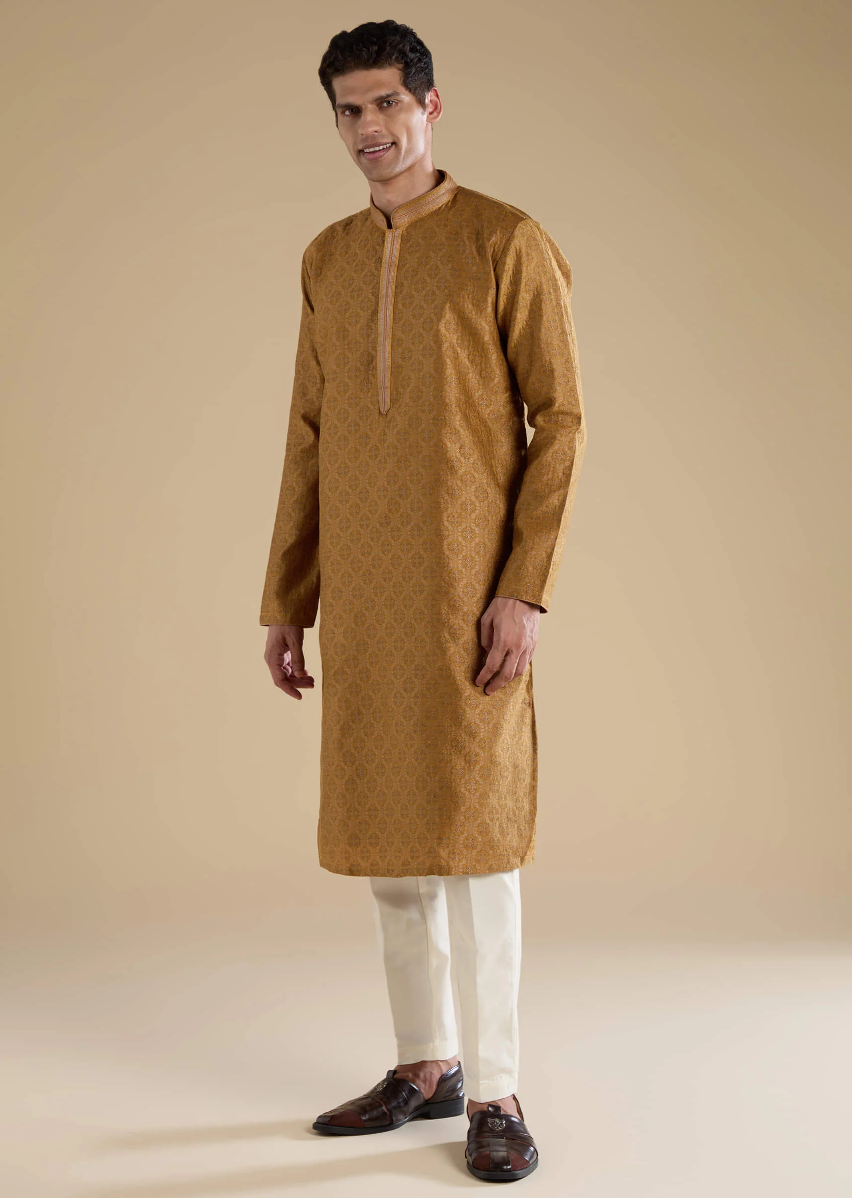 Mustard Yellow Jacquard Kurta Set - Image 4