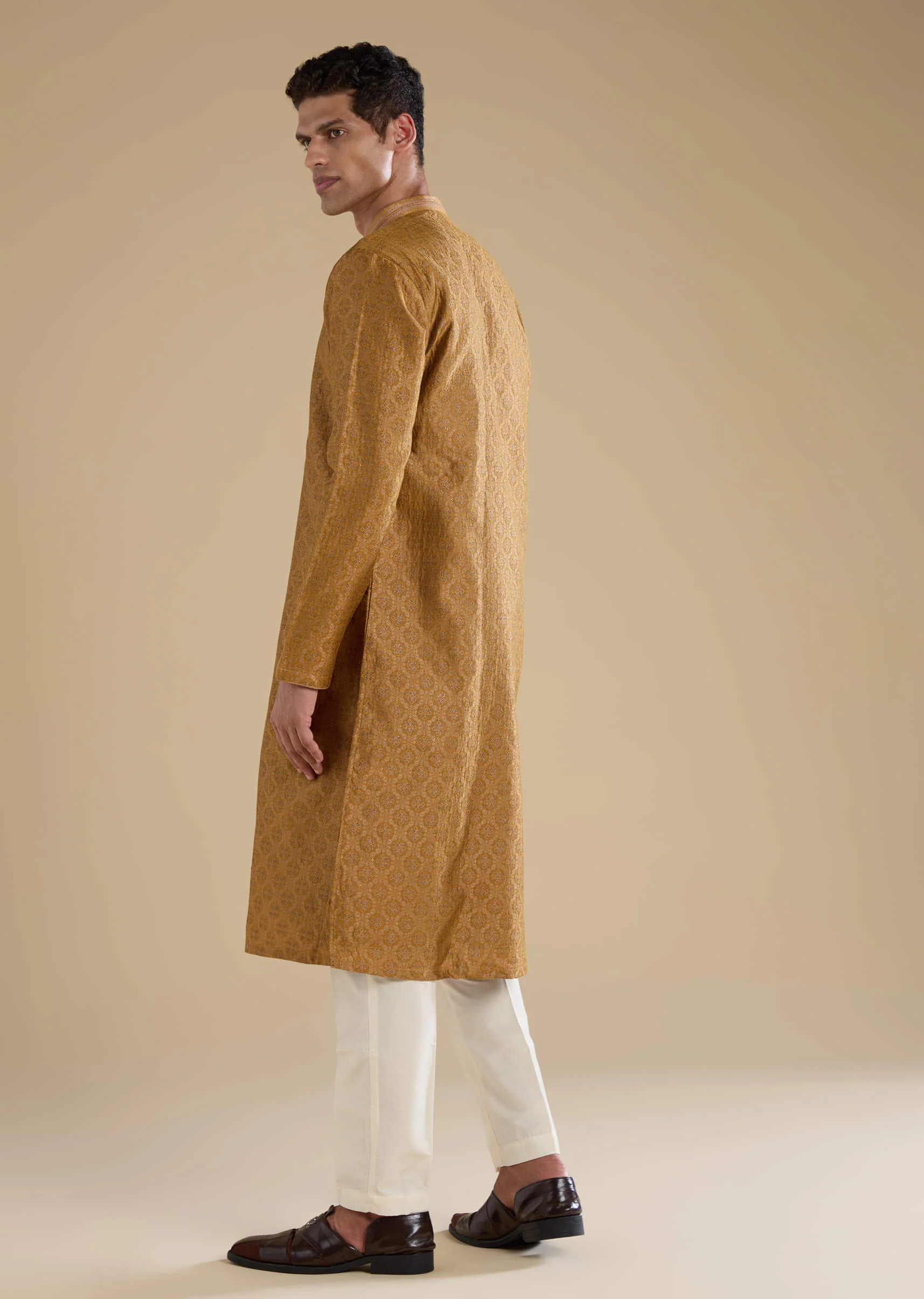 Mustard Yellow Jacquard Kurta Set - Image 5