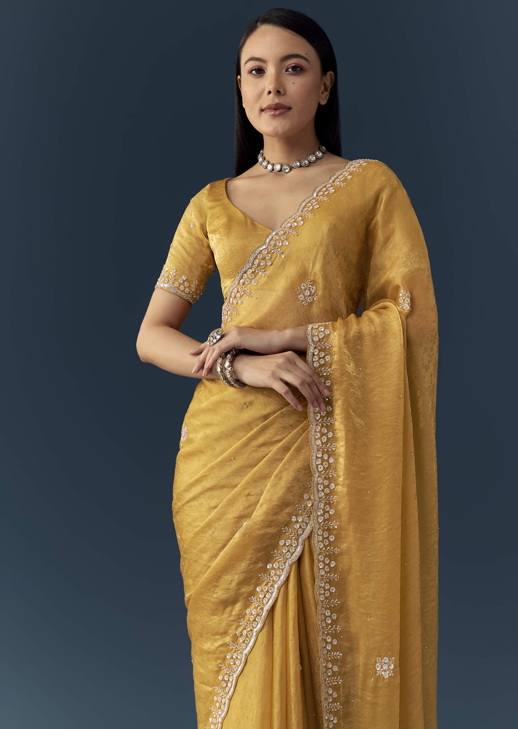 Mustard Yellow Jacquard Printed Tissue Saree with Unstitched Blouse - Image 5