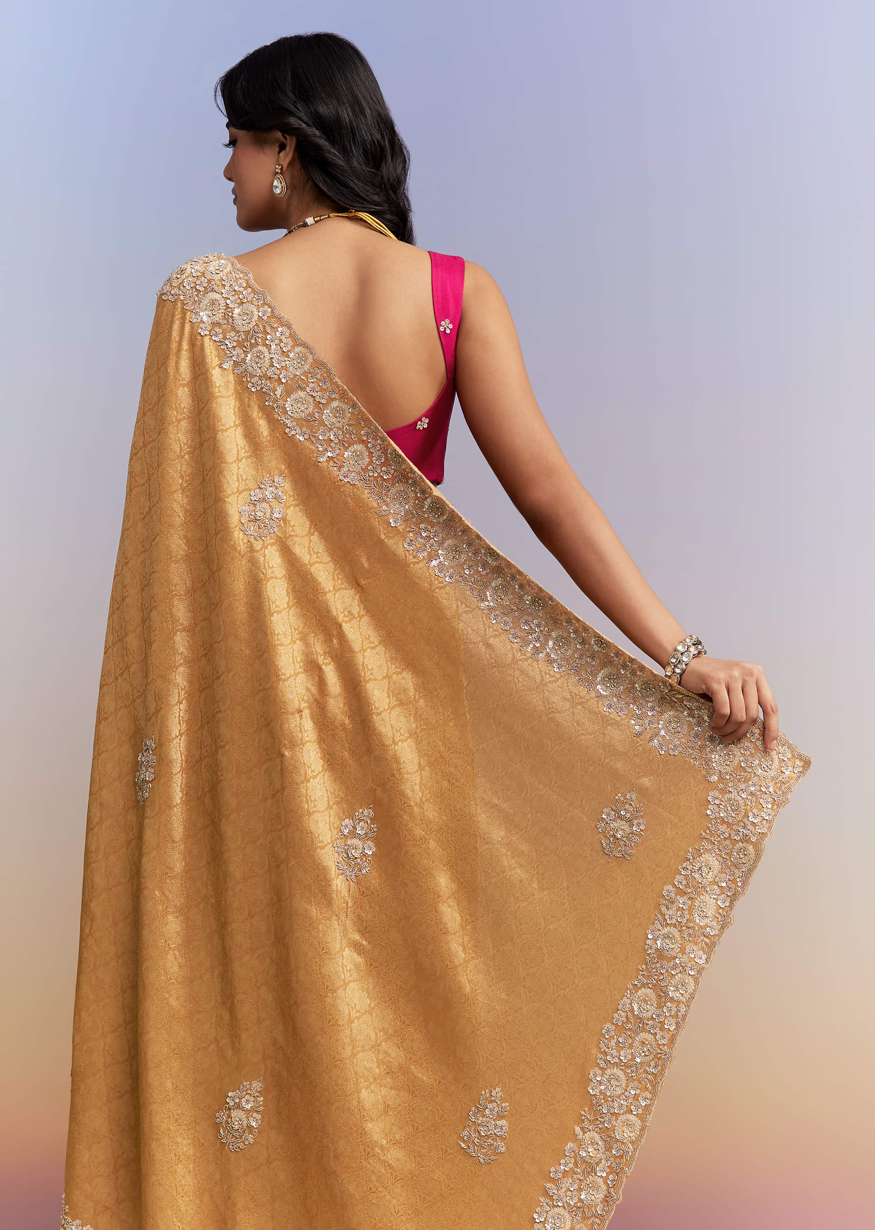 Mustard Yellow Jacquard Tissue Saree With Heavy Hand Embroidery - Image 6