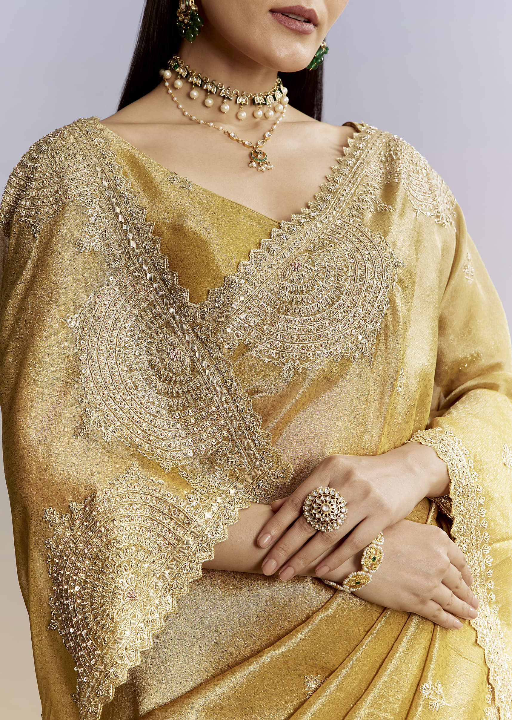 Mustard Yellow Jacquard Tissue Saree With Zigzag Zardosi Work - Image 2
