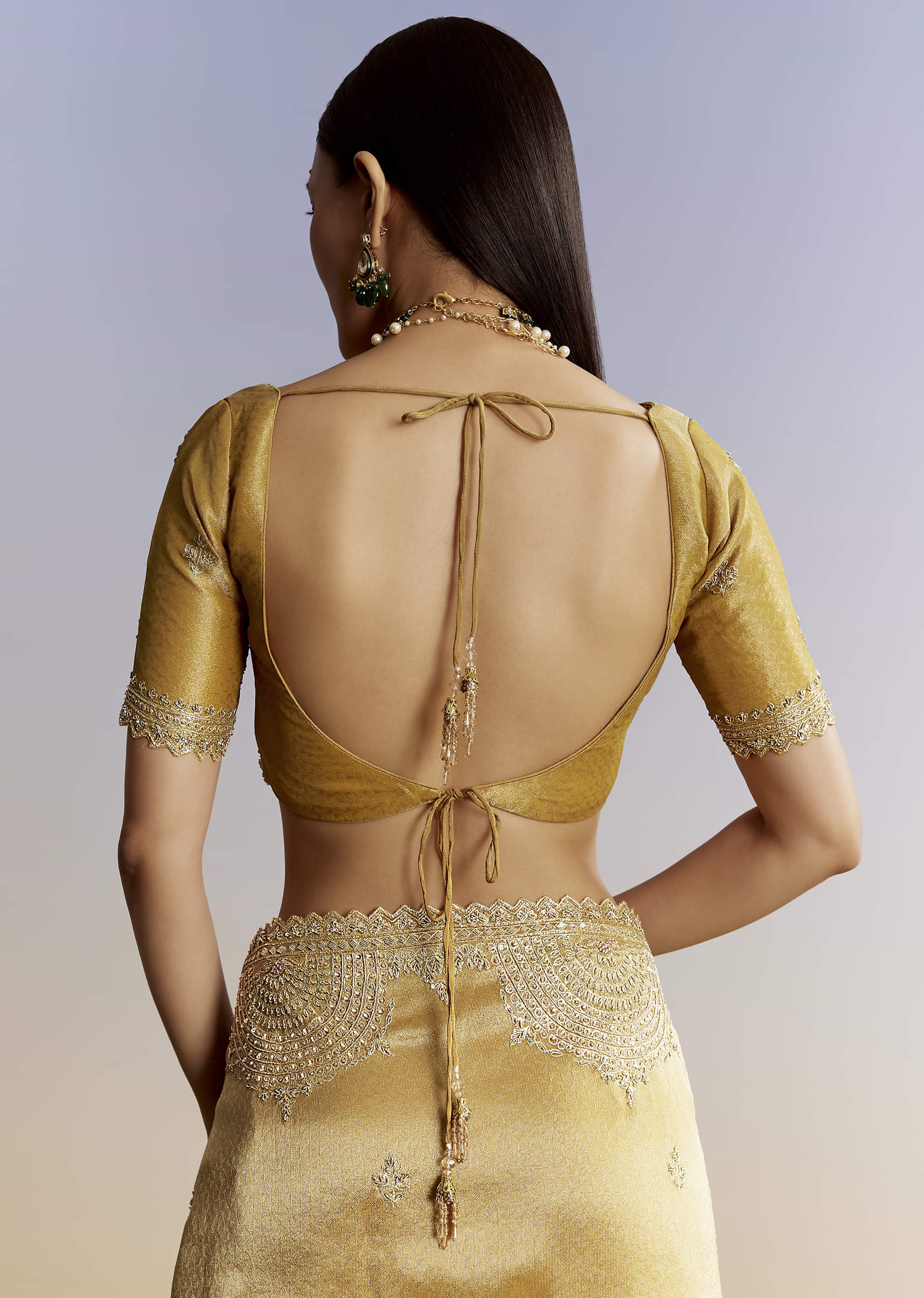 Mustard Yellow Jacquard Tissue Saree With Zigzag Zardosi Work - Image 8