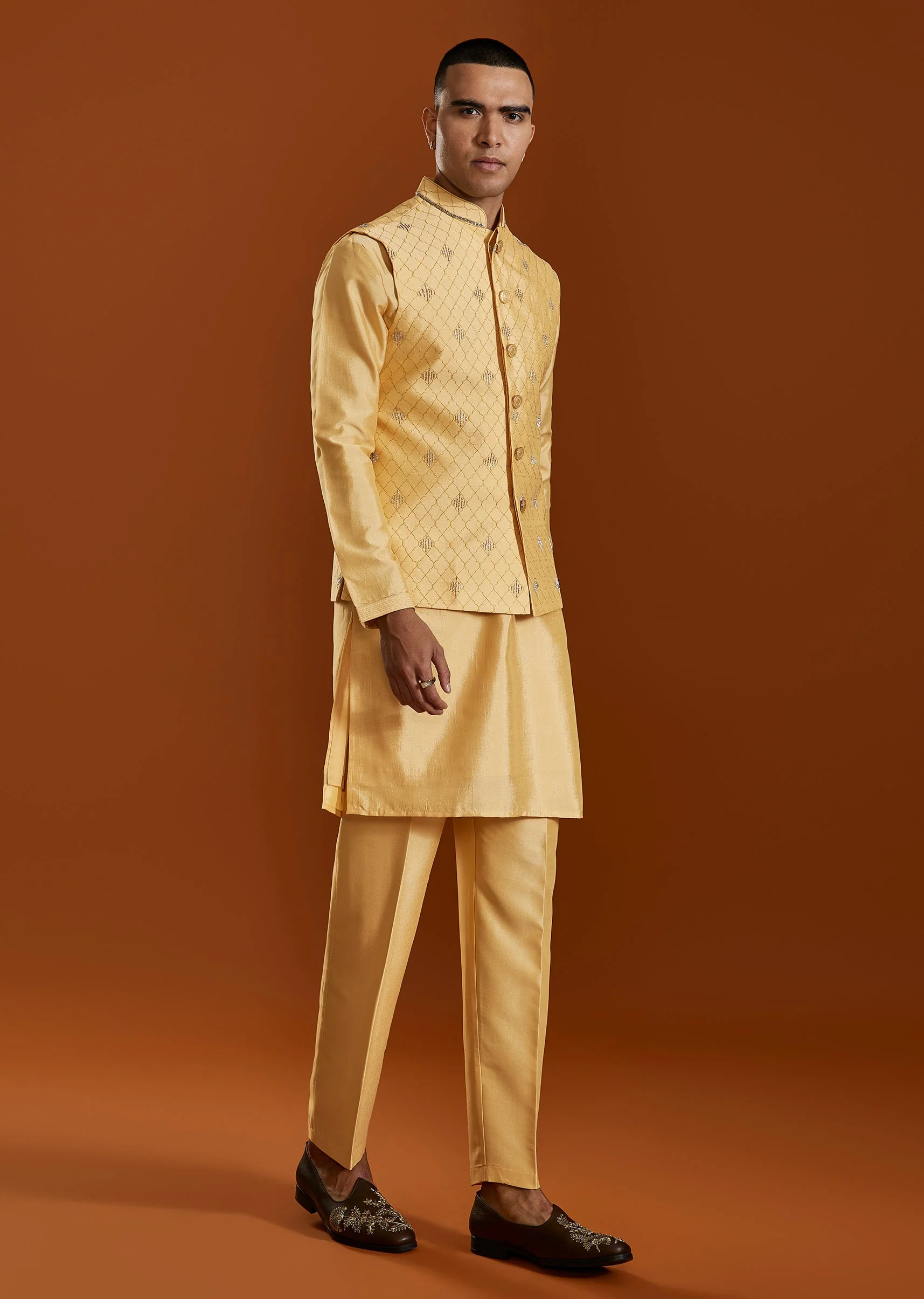 Mustard Yellow Kurta Jacket Set - Image 3