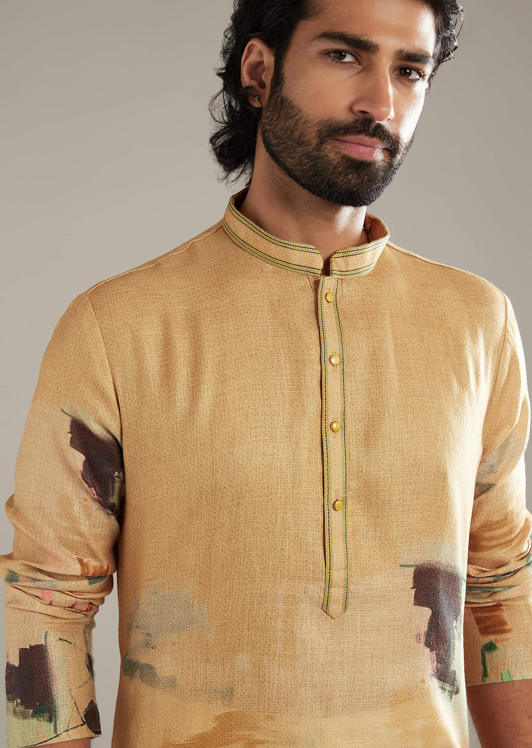 Mustard Yellow Kurta Set For Men With Abstract Print - Image 2
