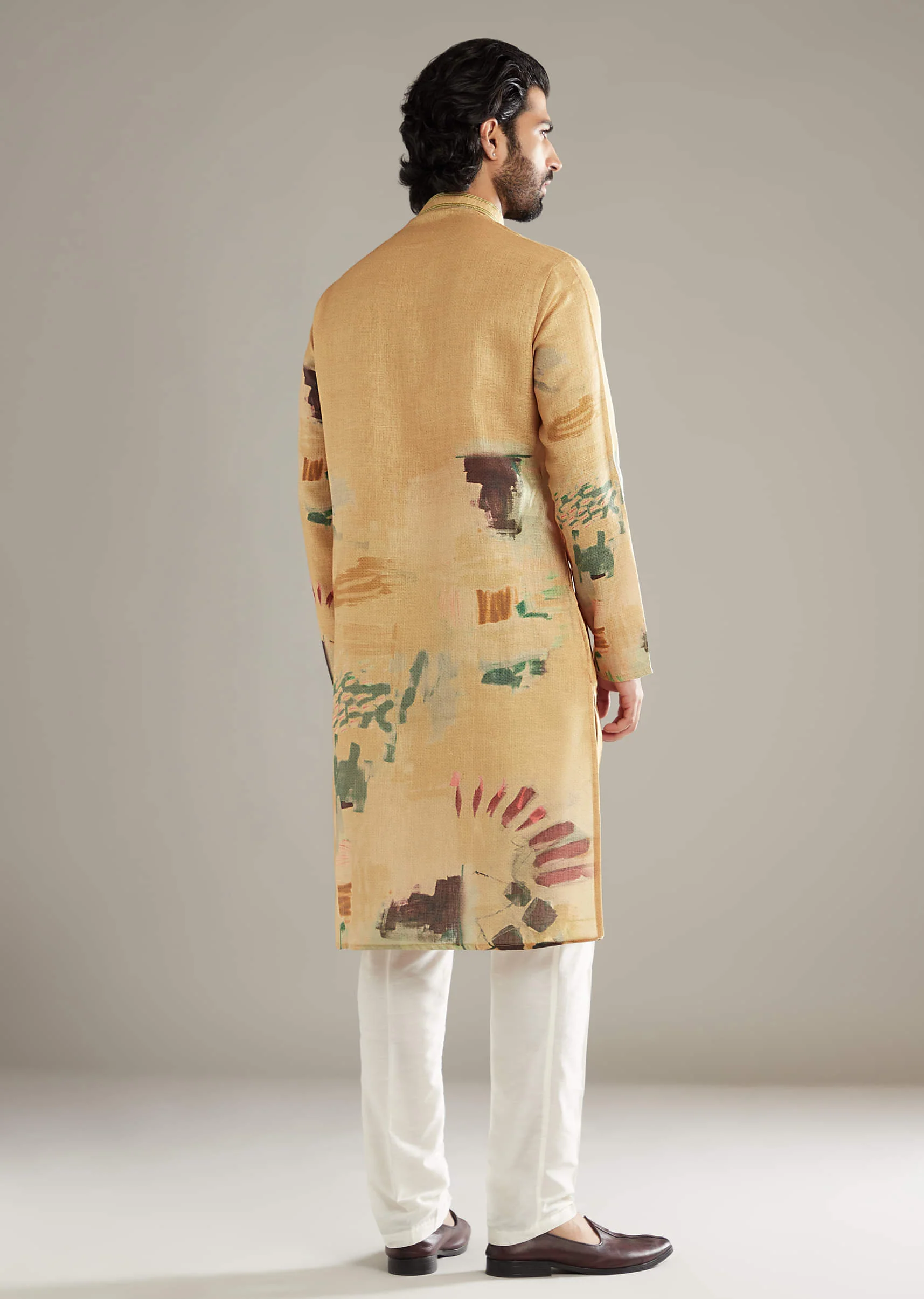 Mustard Yellow Kurta Set For Men With Abstract Print - Image 3