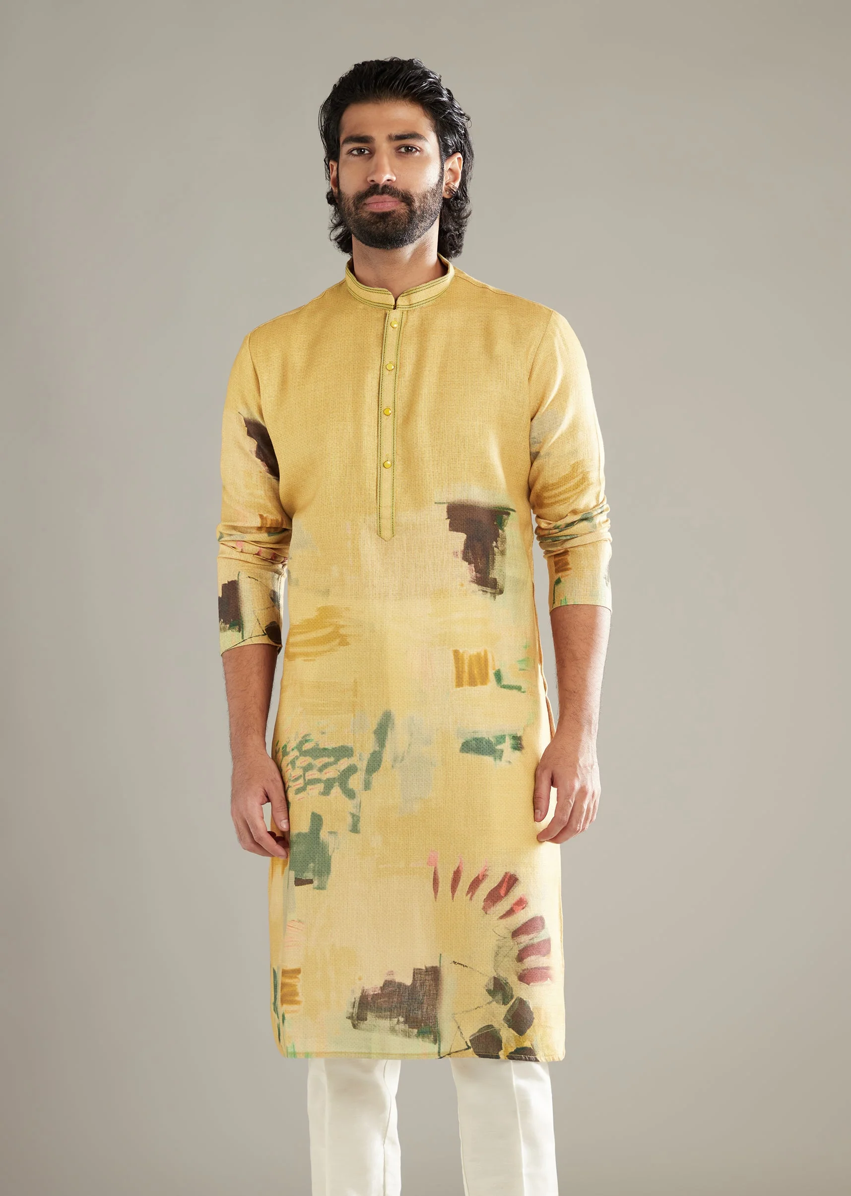 Mustard Yellow Kurta Set For Men With Abstract Print - Image 4