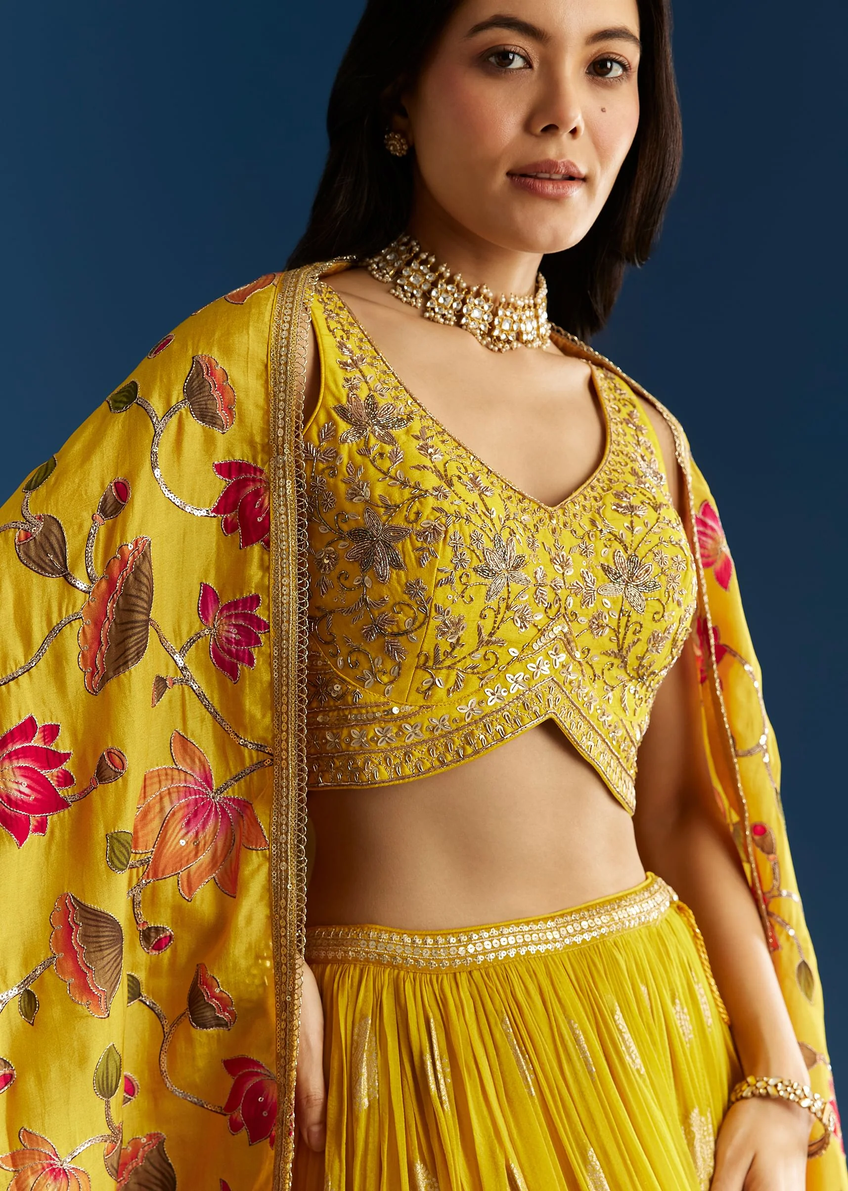 Mustard Yellow Lehenga Set With Zardosi Sequins Choli And Printed Dupatta - Image 2