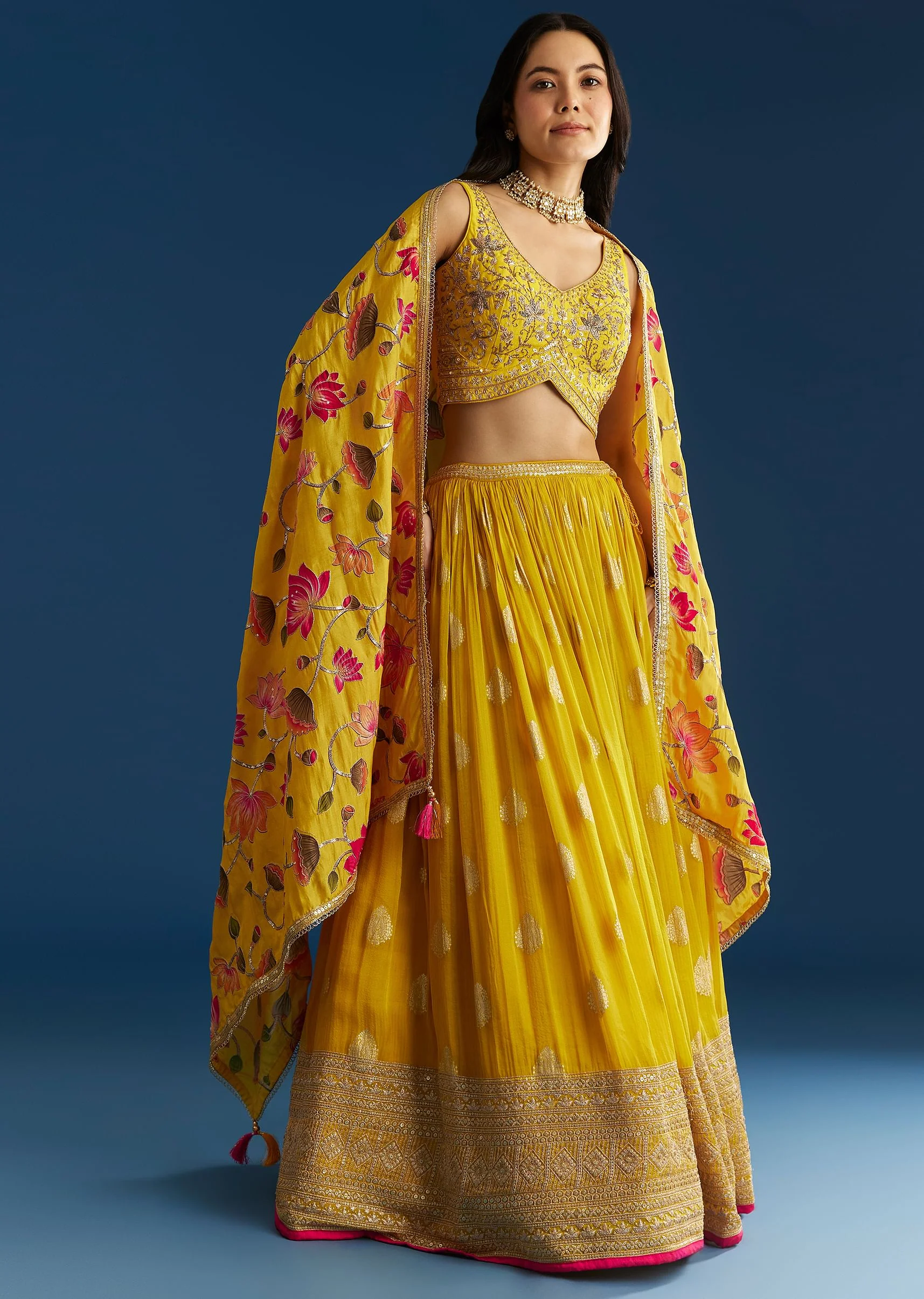 Mustard Yellow Lehenga Set With Zardosi Sequins Choli And Printed Dupatta - Image 3