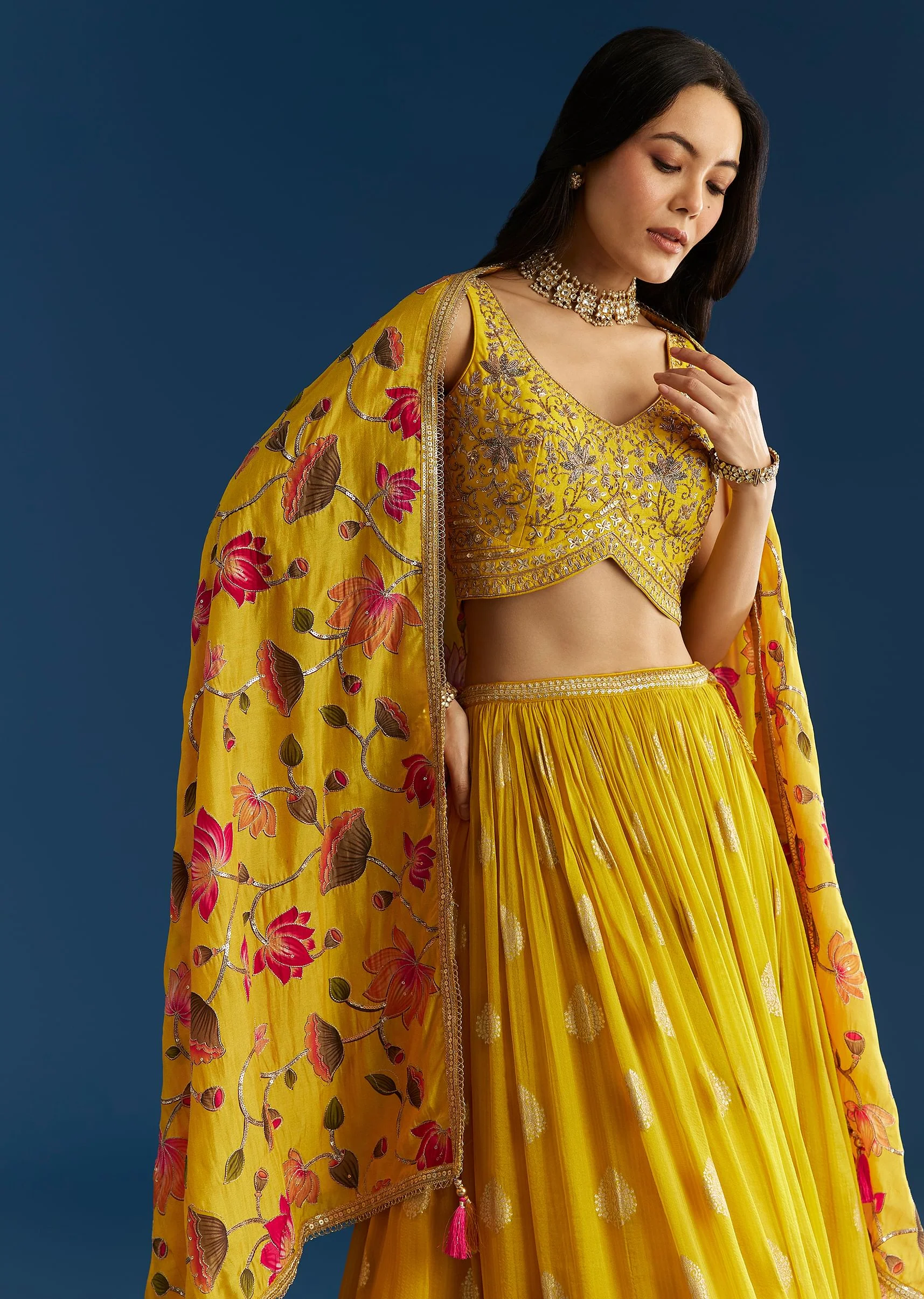 Mustard Yellow Lehenga Set With Zardosi Sequins Choli And Printed Dupatta - Image 4