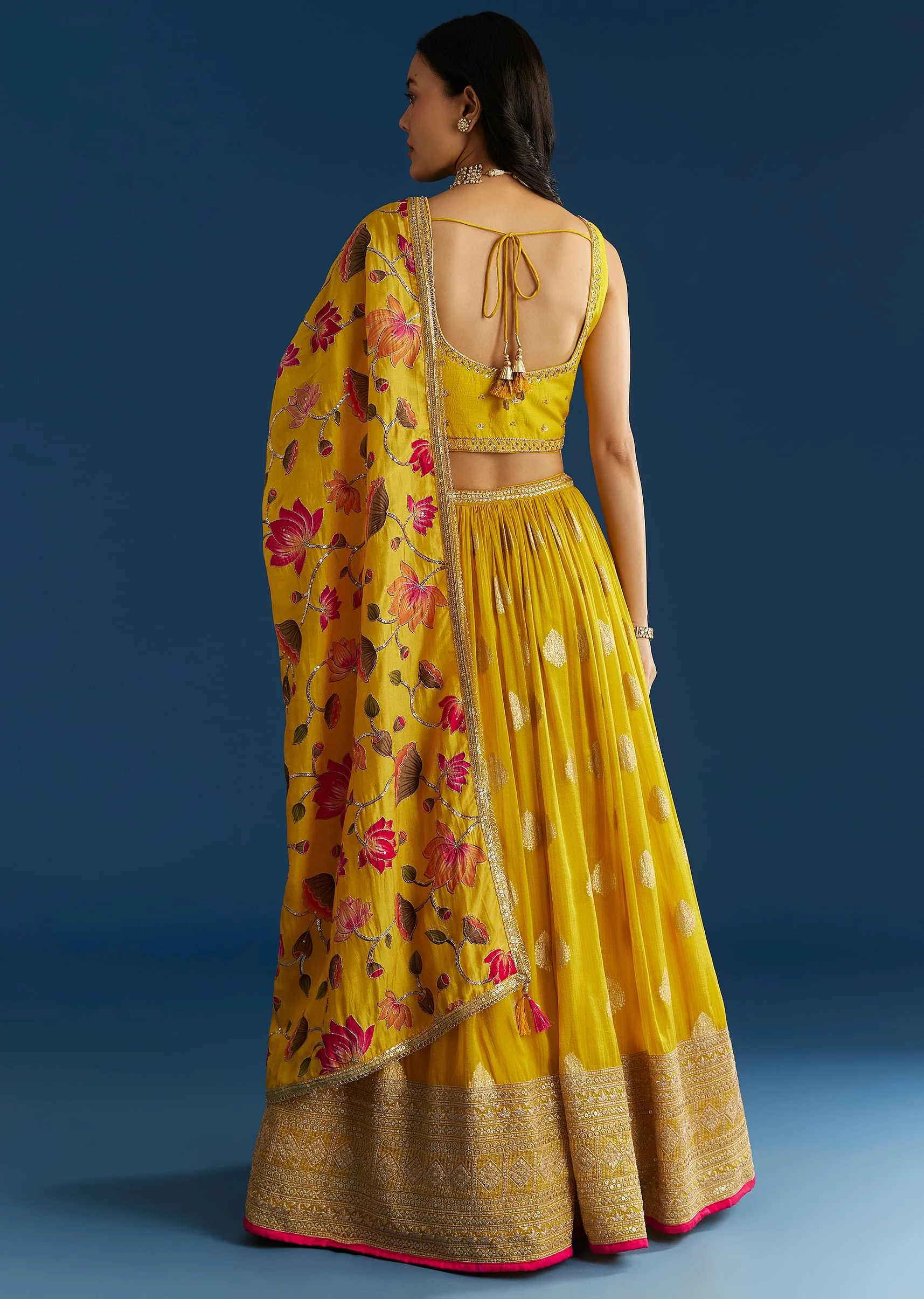 Mustard Yellow Lehenga Set With Zardosi Sequins Choli And Printed Dupatta - Image 5