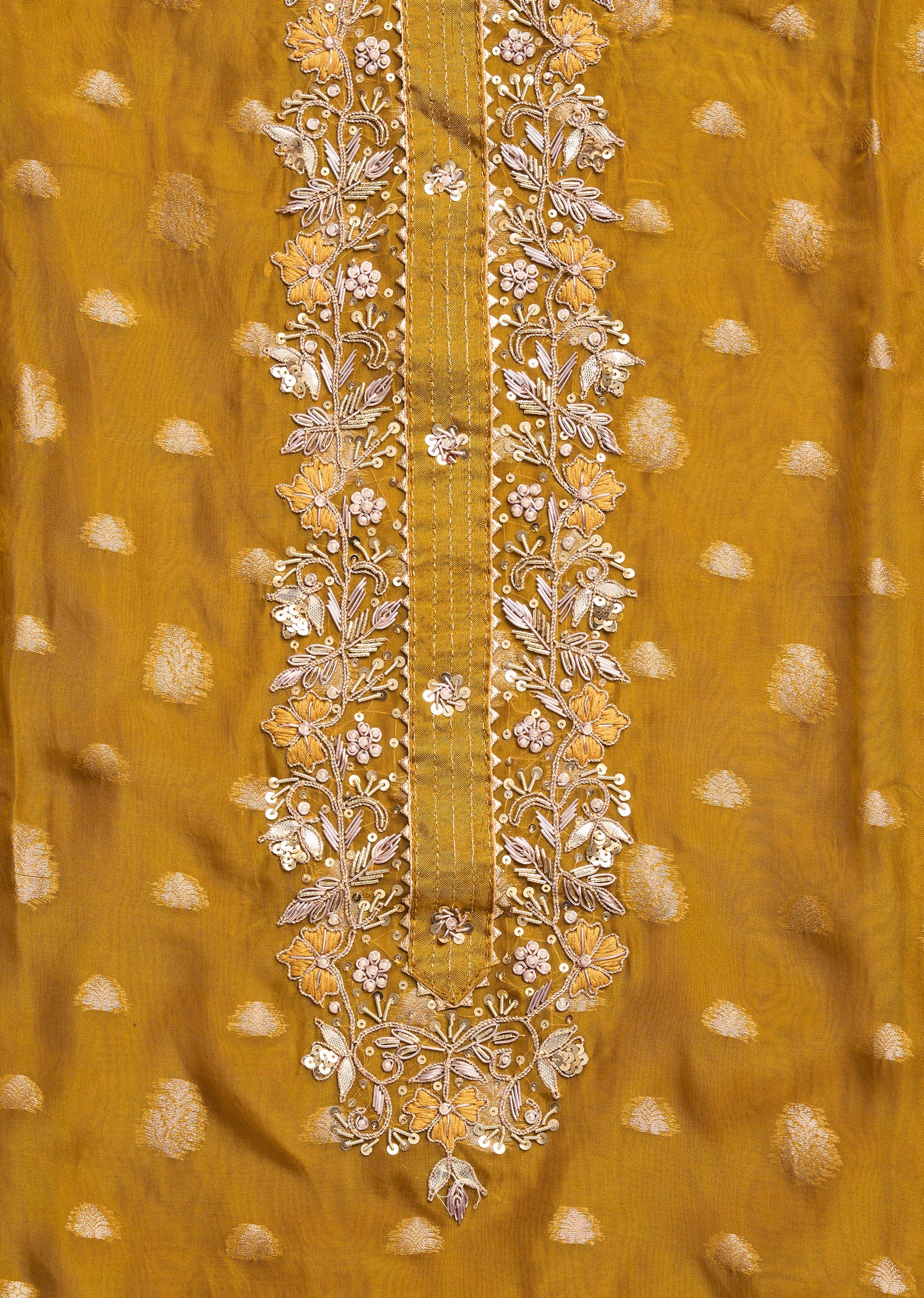 Mustard Yellow Organza Brocade Unstitched Suit Set - Image 2