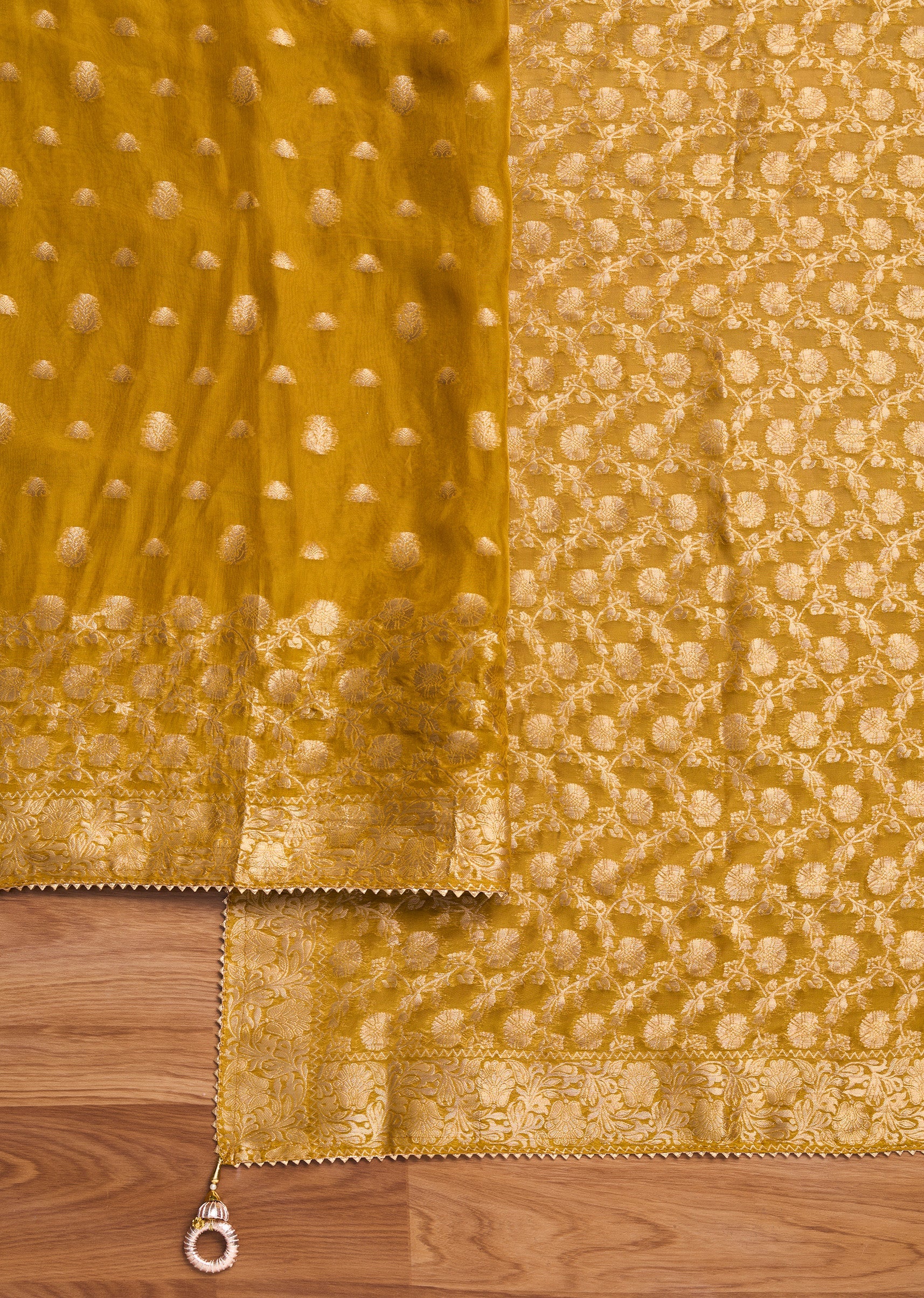 Mustard Yellow Organza Brocade Unstitched Suit Set - Image 3