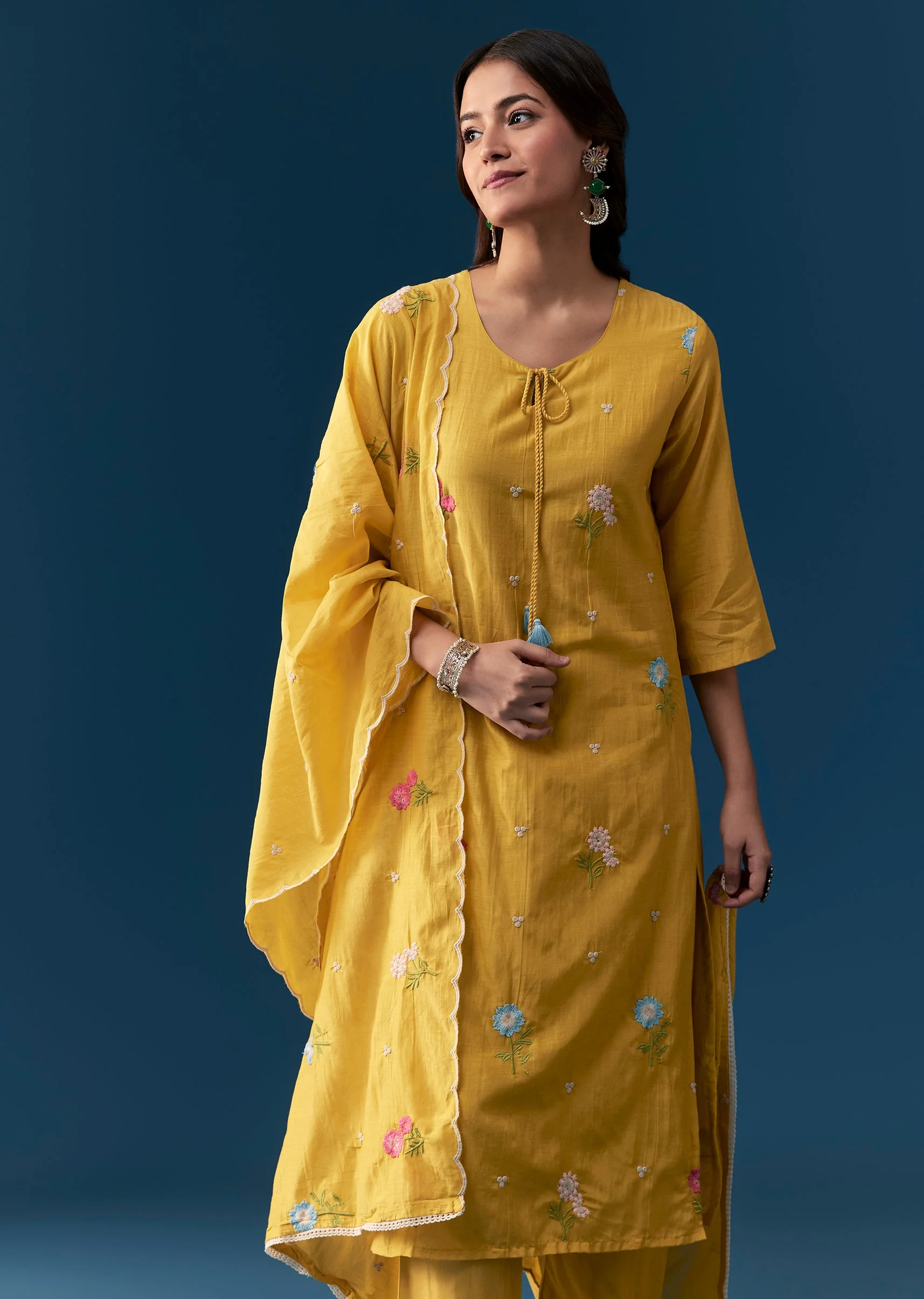 Mustard Yellow Pakistani Style Straight Kurta Set With Dupatta Cotton Thread Work - Image 4