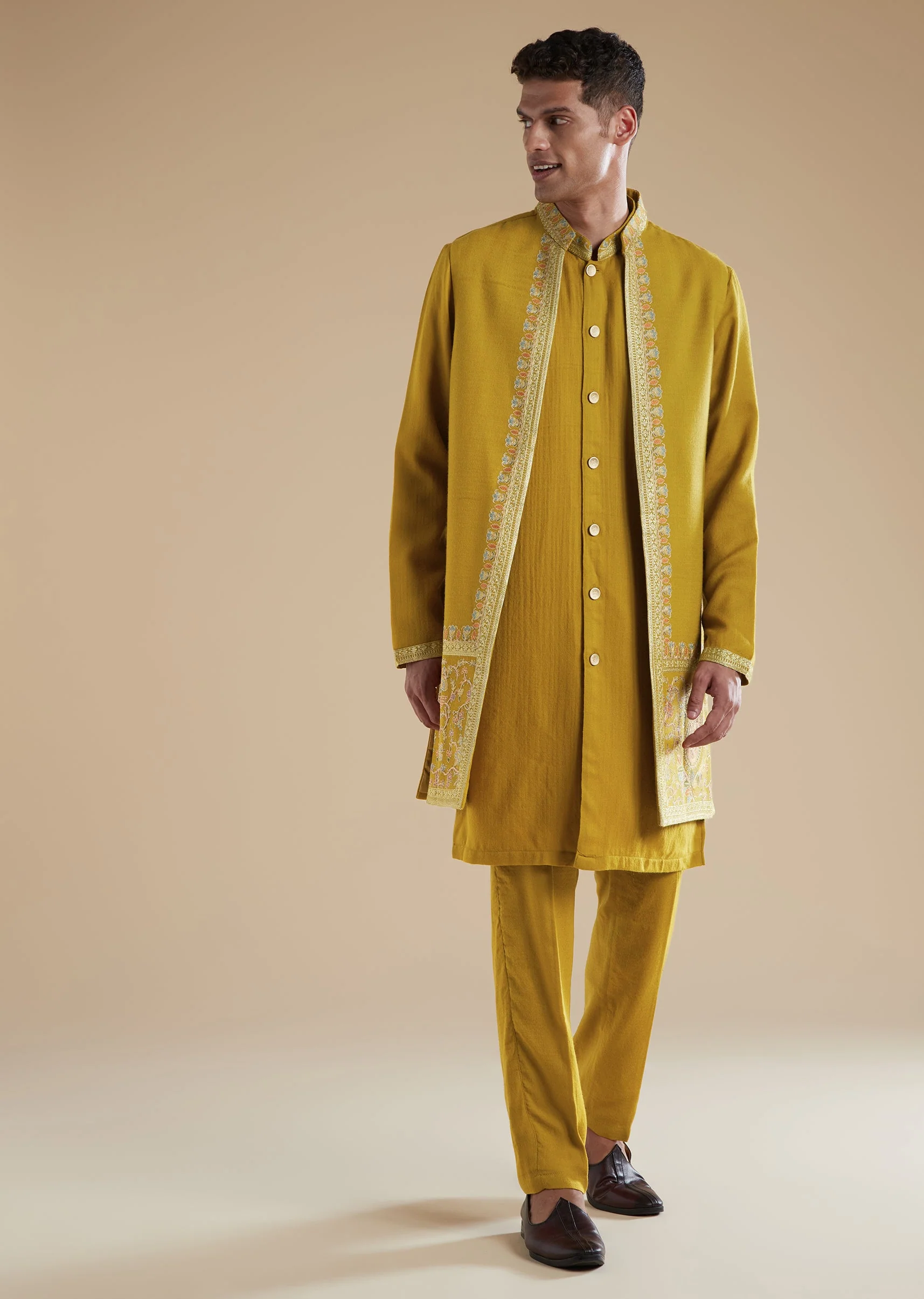 Mustard Yellow Pashmina Kurta Jacket Set With Thread Resham Work
