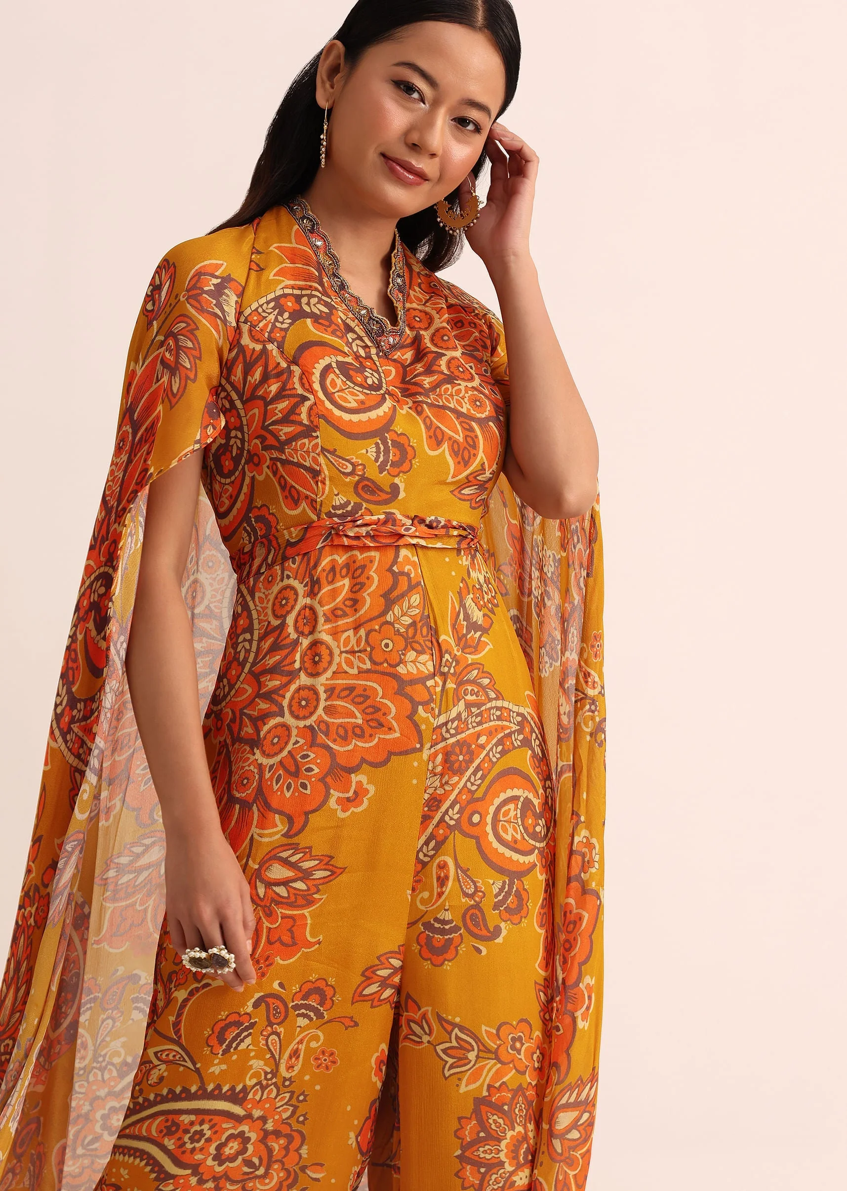 Mustard Yellow Printed Chiffon Jumpsuit - Image 2