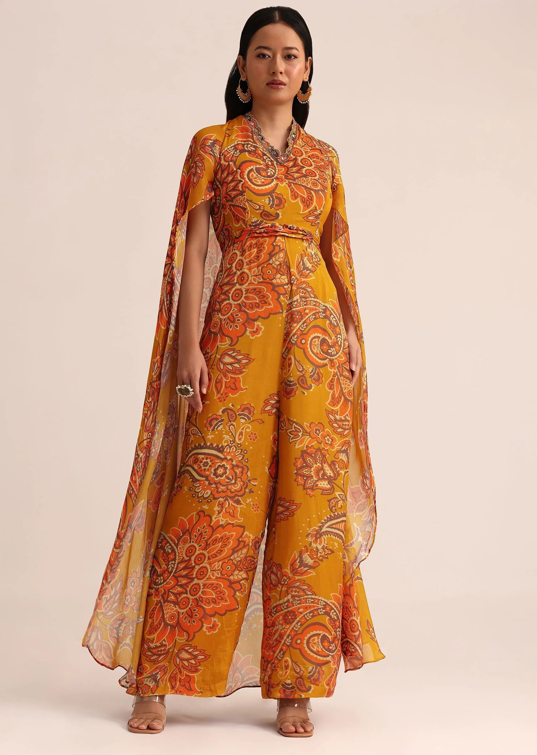 Mustard Yellow Printed Chiffon Jumpsuit - Image 3