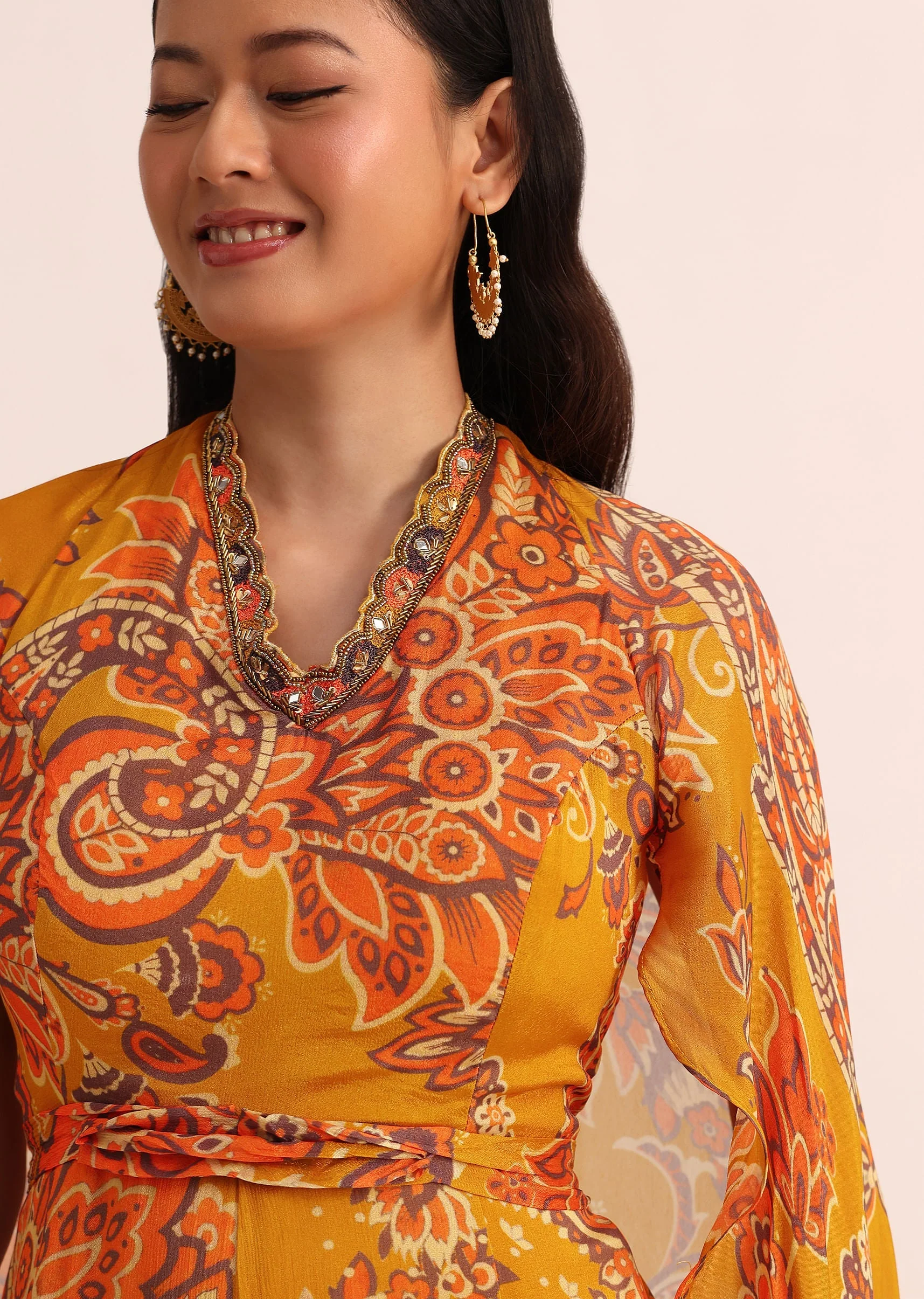 Mustard Yellow Printed Chiffon Jumpsuit - Image 4
