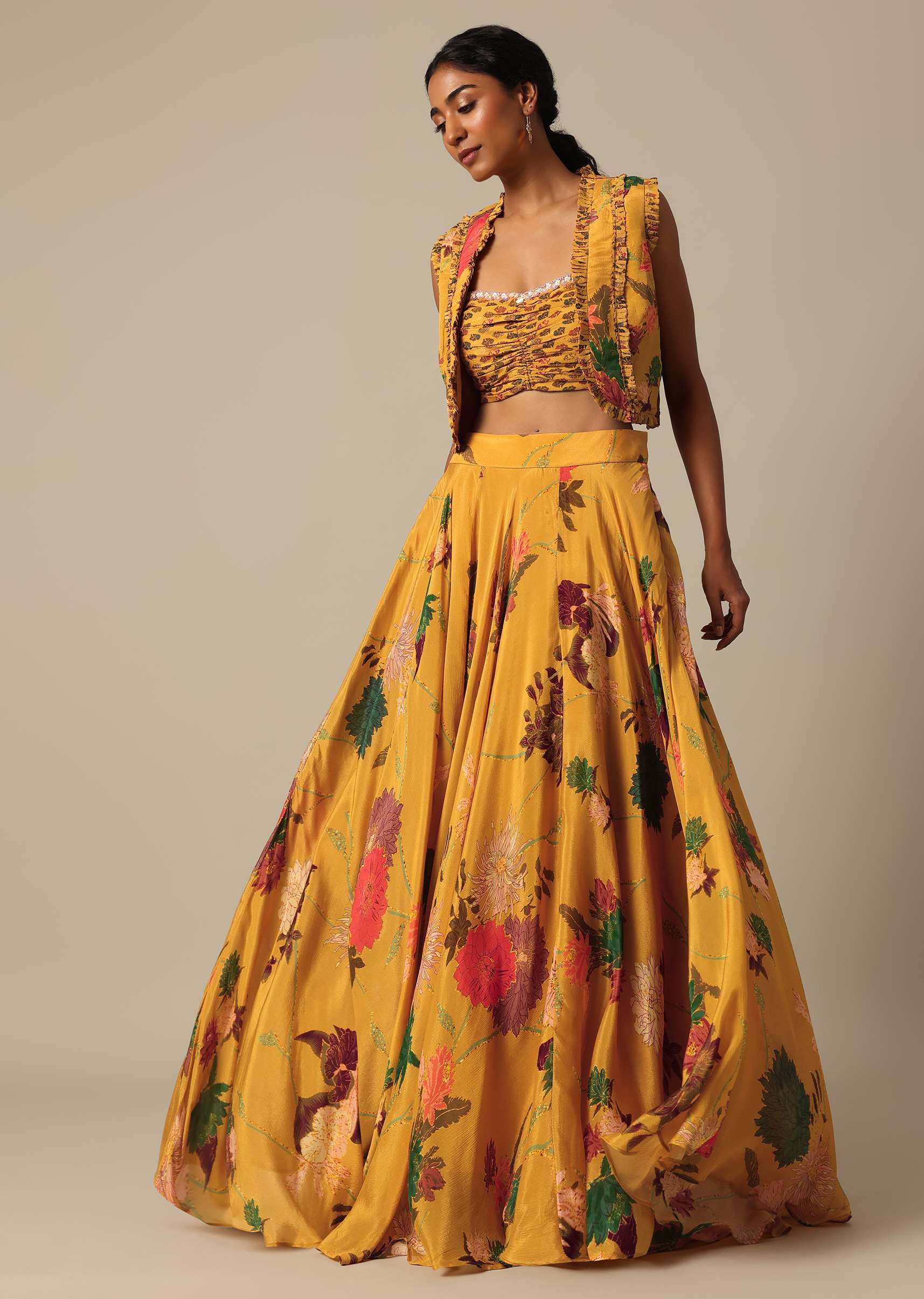 Mustard Yellow Printed Jacket And Lehenga Set - Image 2
