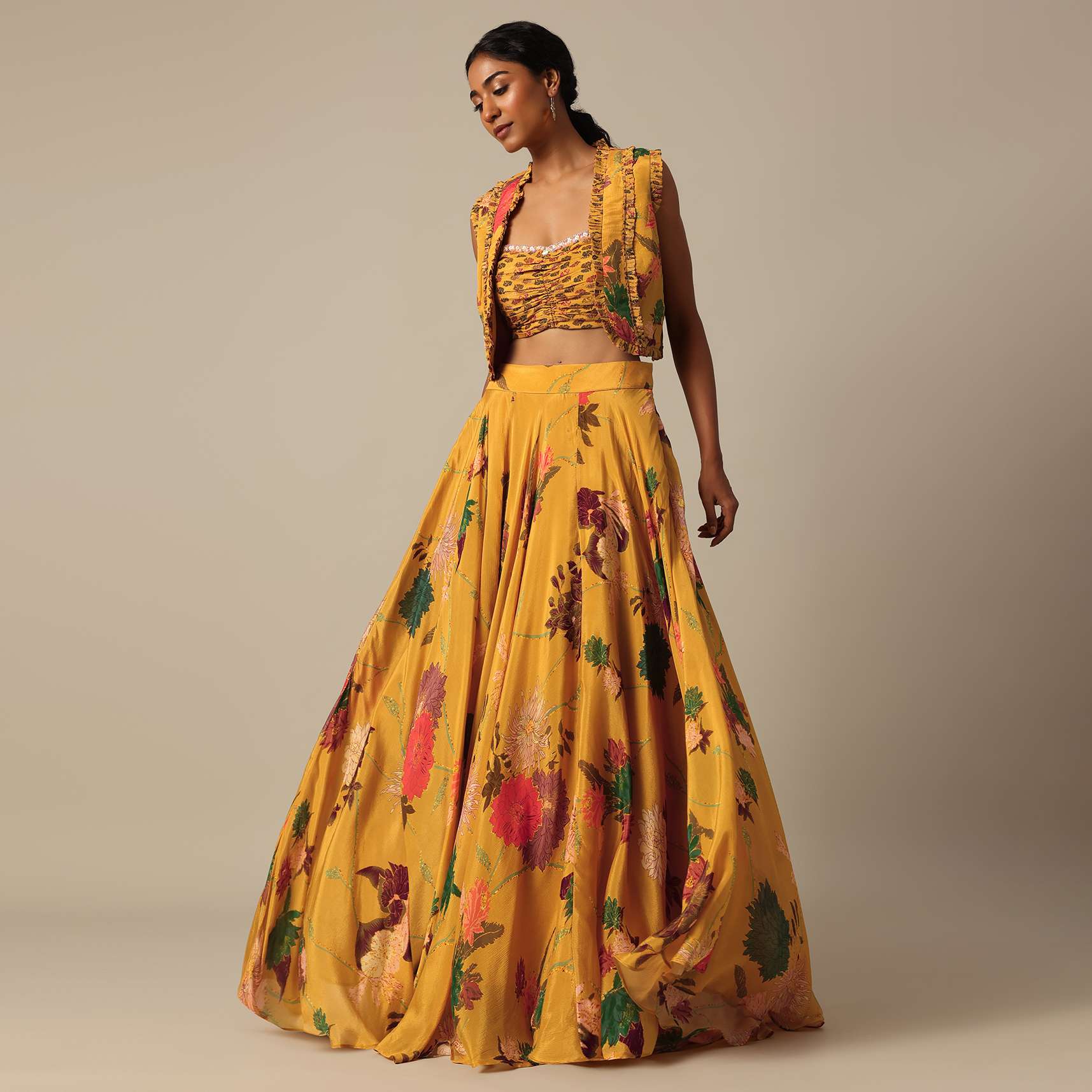 Mustard Yellow Printed Jacket And Lehenga Set - Image 4