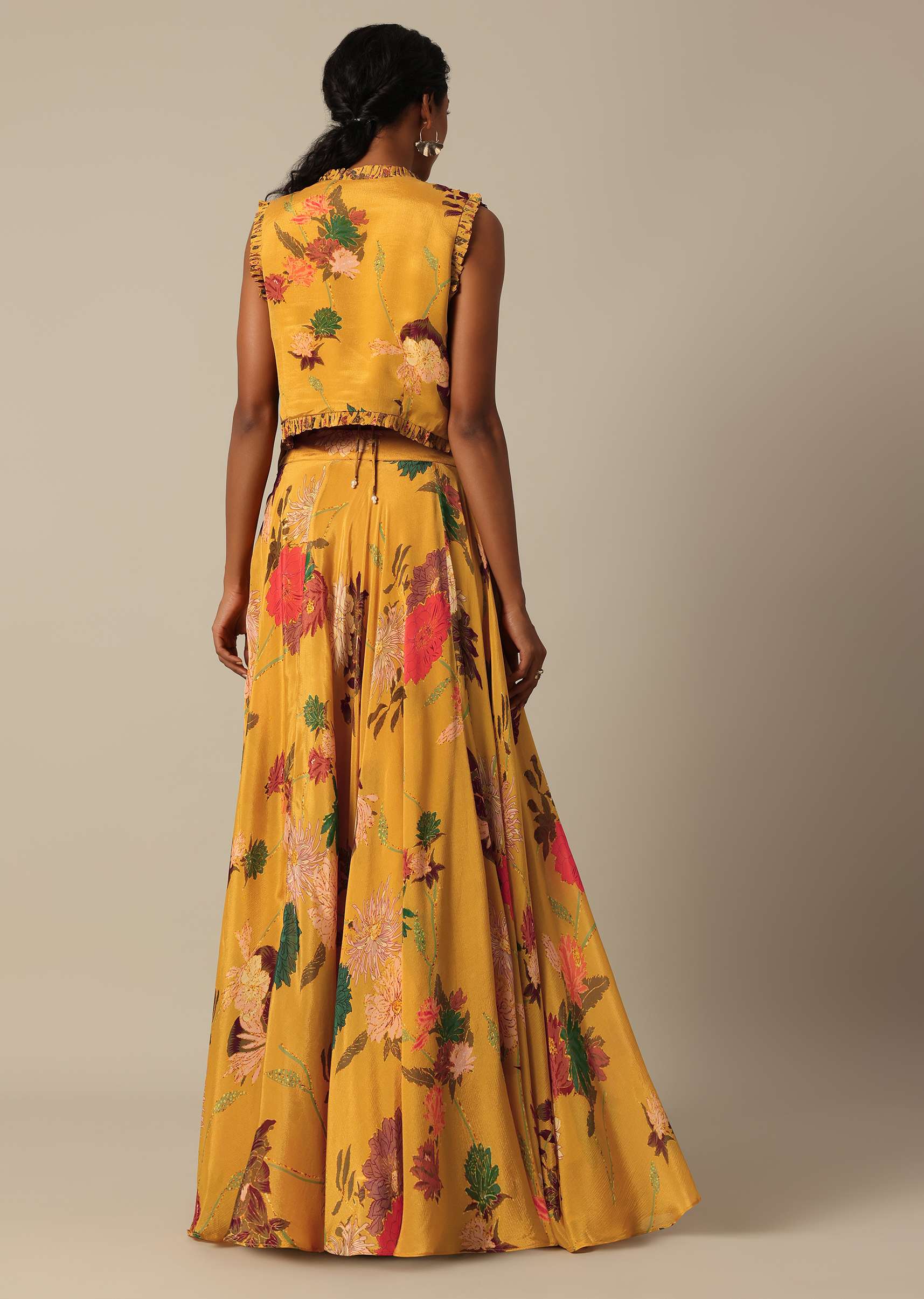 Mustard Yellow Printed Jacket And Lehenga Set - Image 8