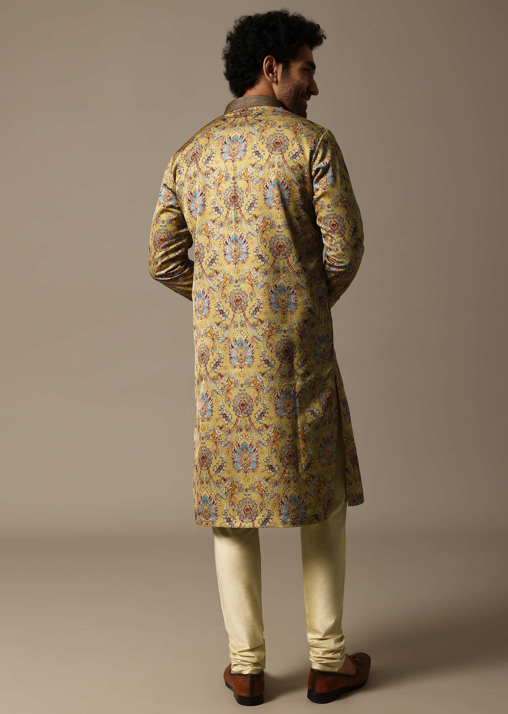 Mustard Yellow Printed Silk Kurta Set For Men - Image 5
