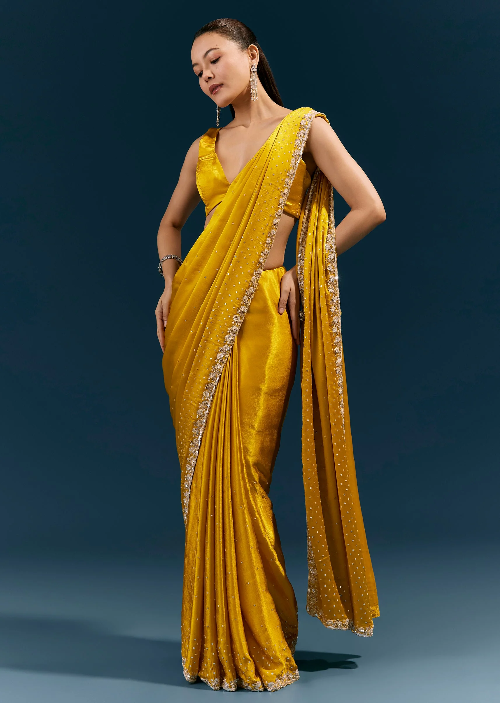 Mustard Yellow Satin Chinon Saree with Hand Embroidered Border All Over Sequin Sparkle