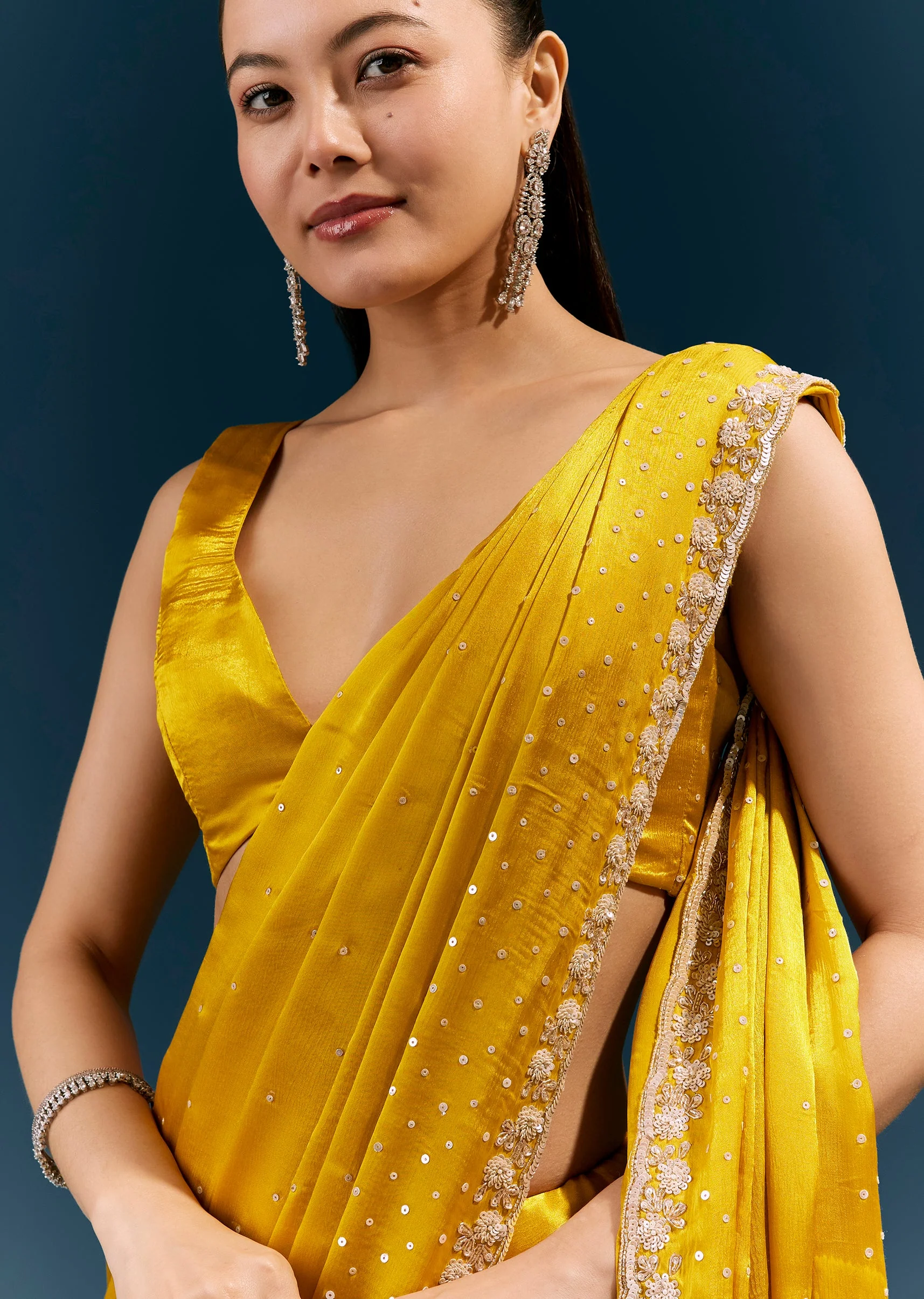Mustard Yellow Satin Chinon Saree with Hand Embroidered Border All Over Sequin Sparkle - Image 2