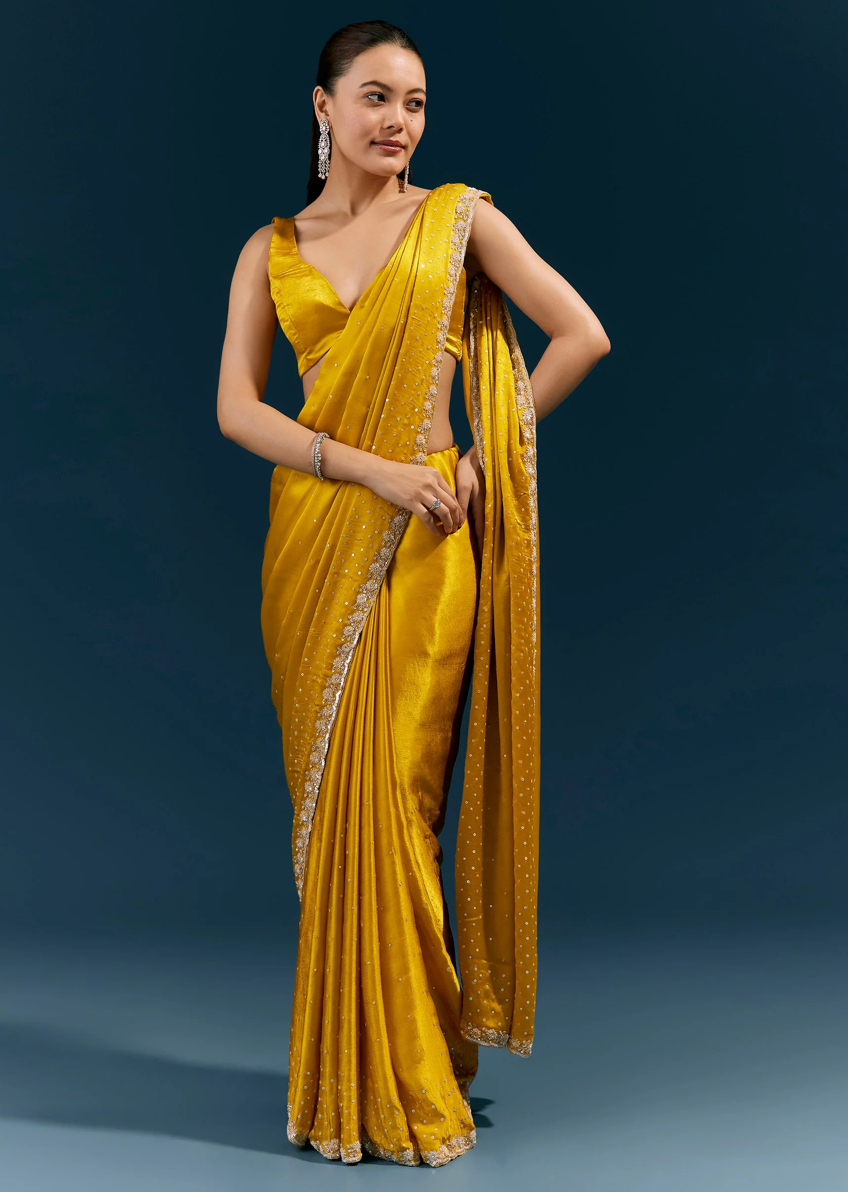 Mustard Yellow Satin Chinon Saree with Hand Embroidered Border All Over Sequin Sparkle - Image 3