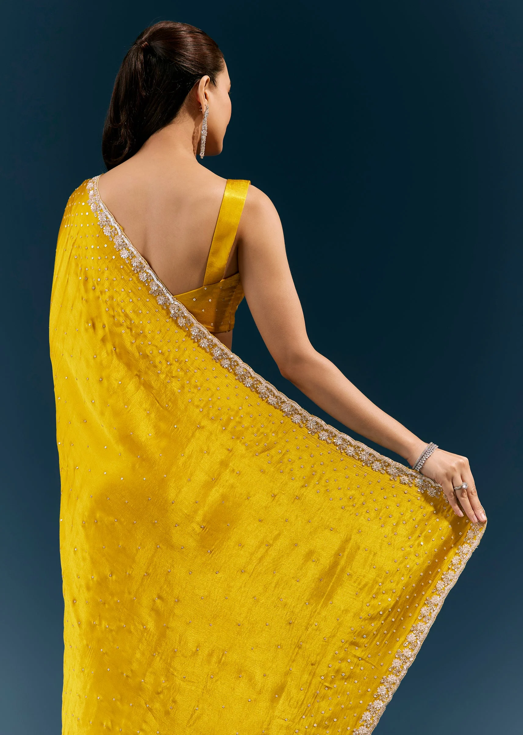 Mustard Yellow Satin Chinon Saree with Hand Embroidered Border All Over Sequin Sparkle - Image 6