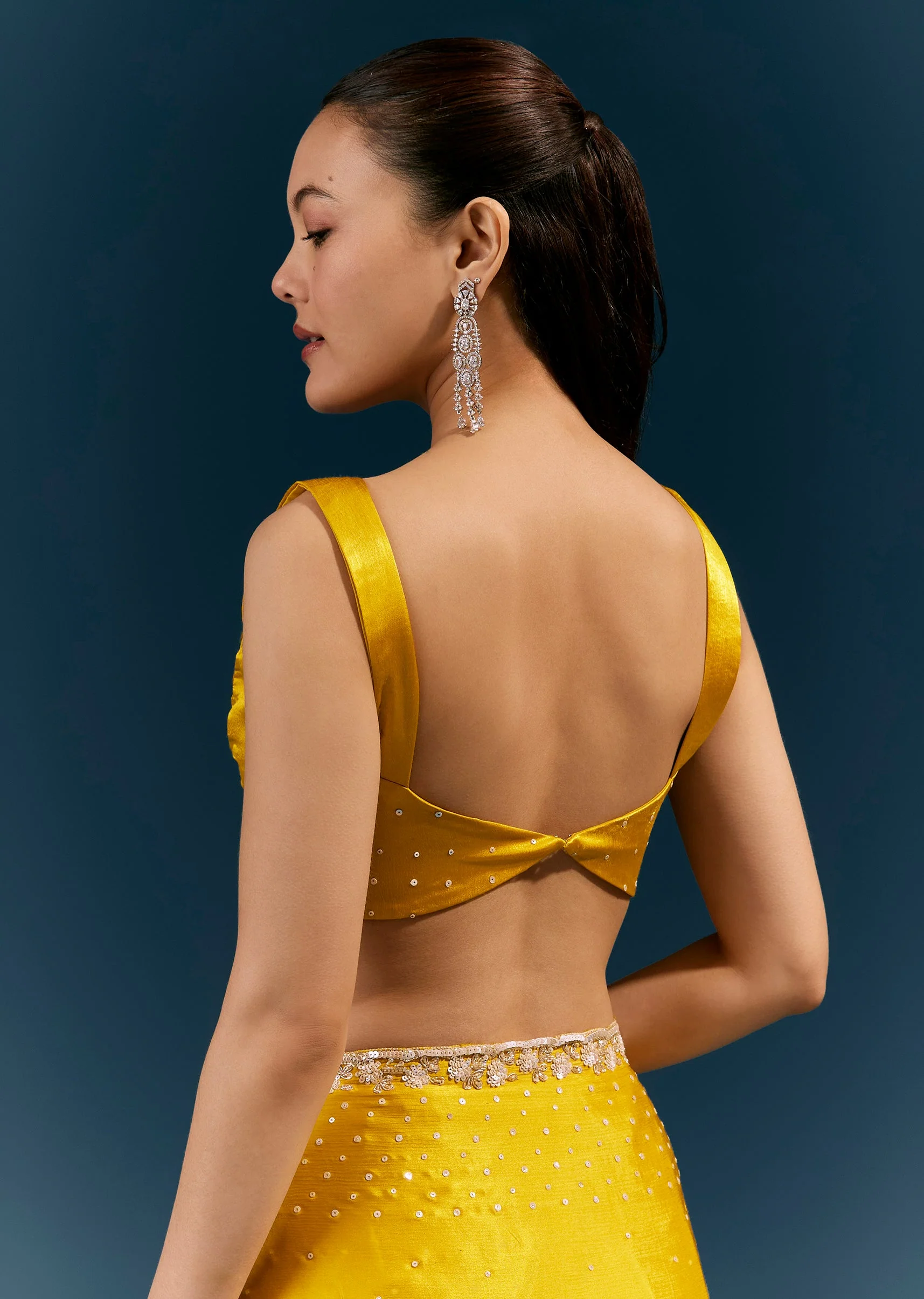 Mustard Yellow Satin Chinon Saree with Hand Embroidered Border All Over Sequin Sparkle - Image 8
