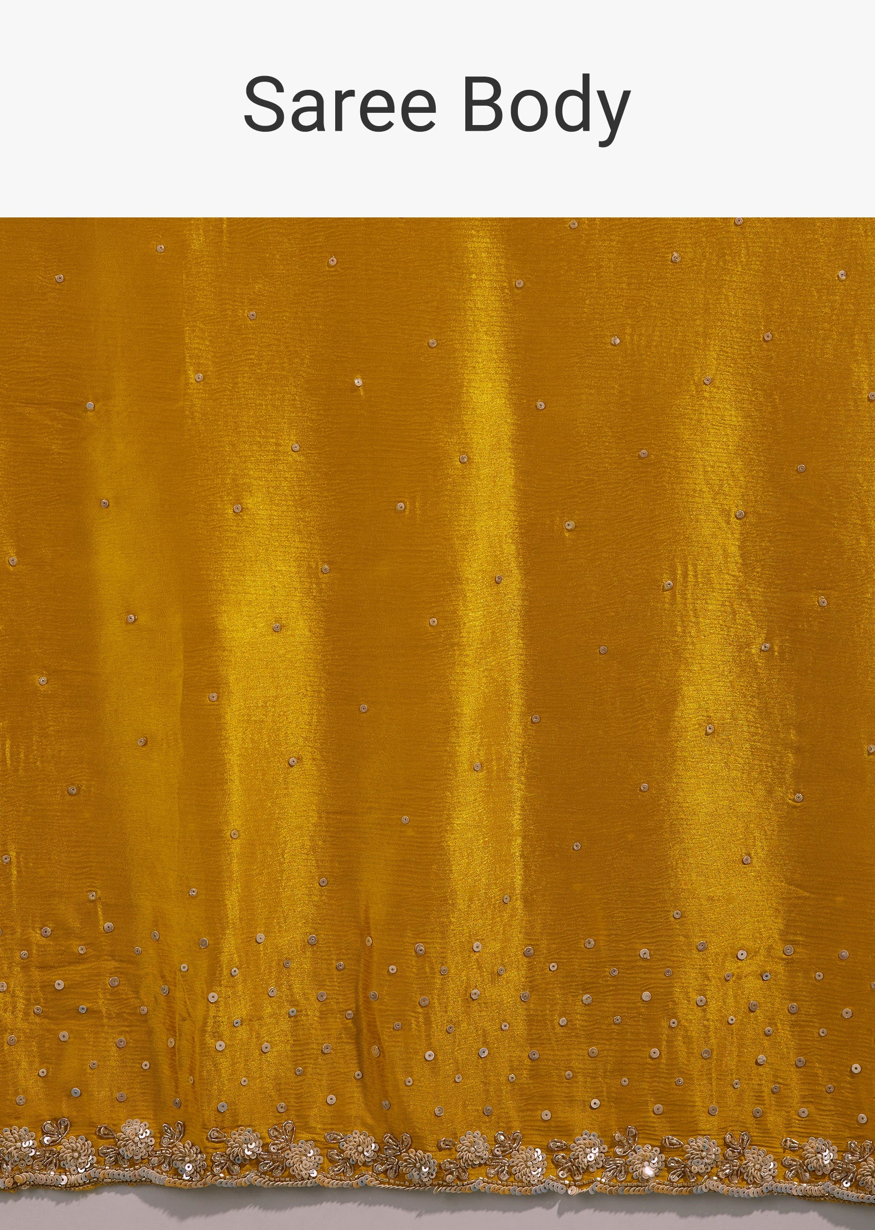 Mustard Yellow Satin Chinon Saree with Hand Embroidered Border All Over Sequin Sparkle - Image 9