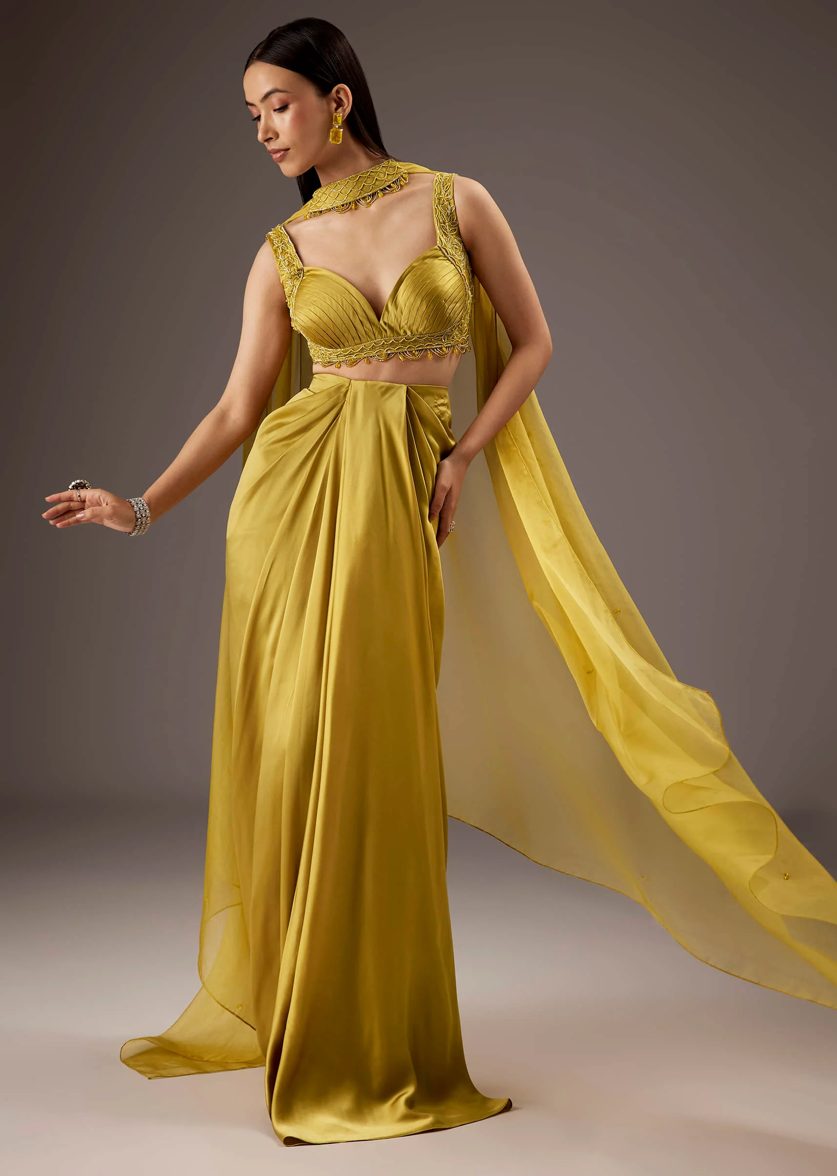 Mustard Yellow Satin Crop Top Skirt With Heavy Embroidery - Image 4