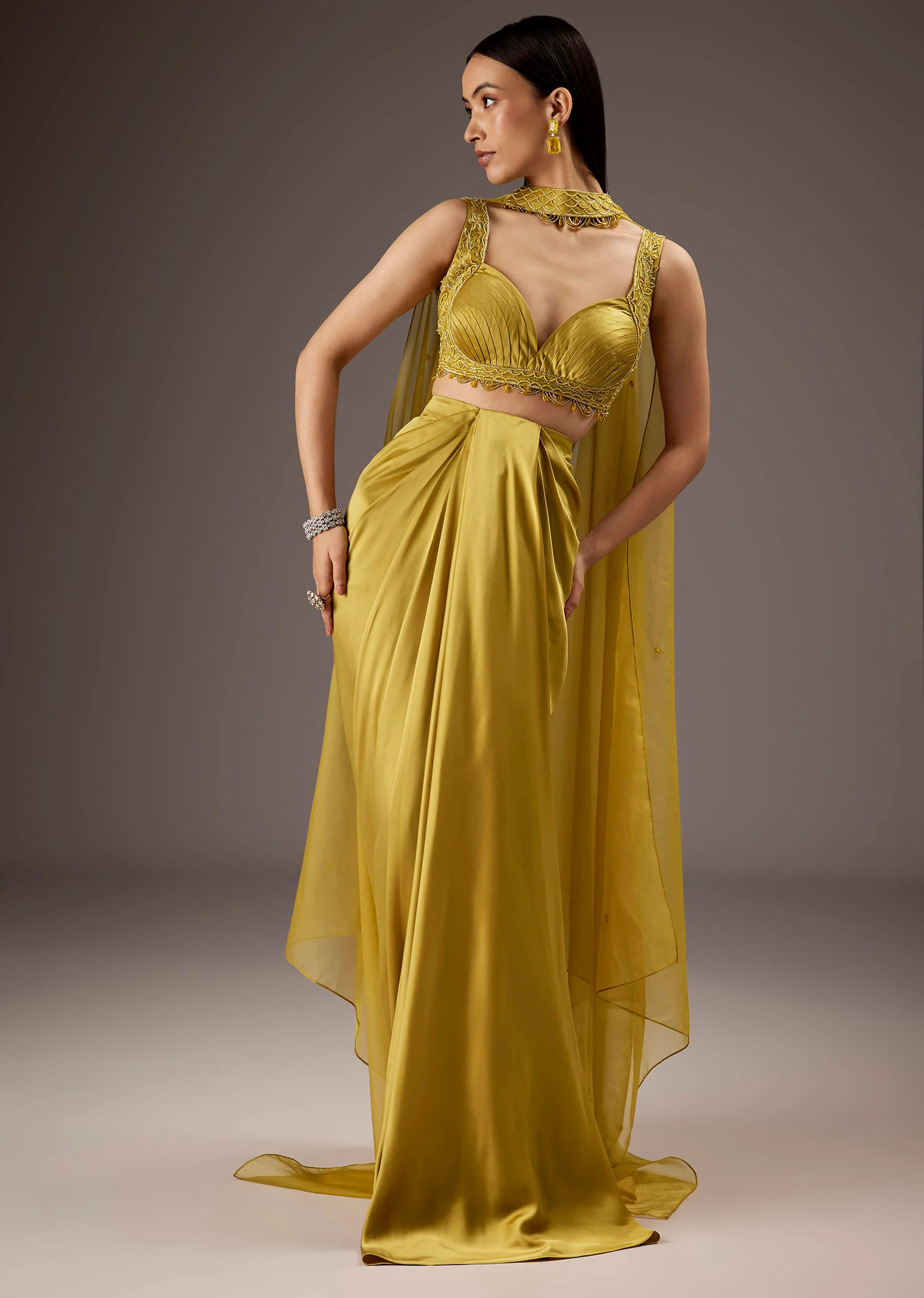 Mustard Yellow Satin Crop Top Skirt With Heavy Embroidery - Image 6