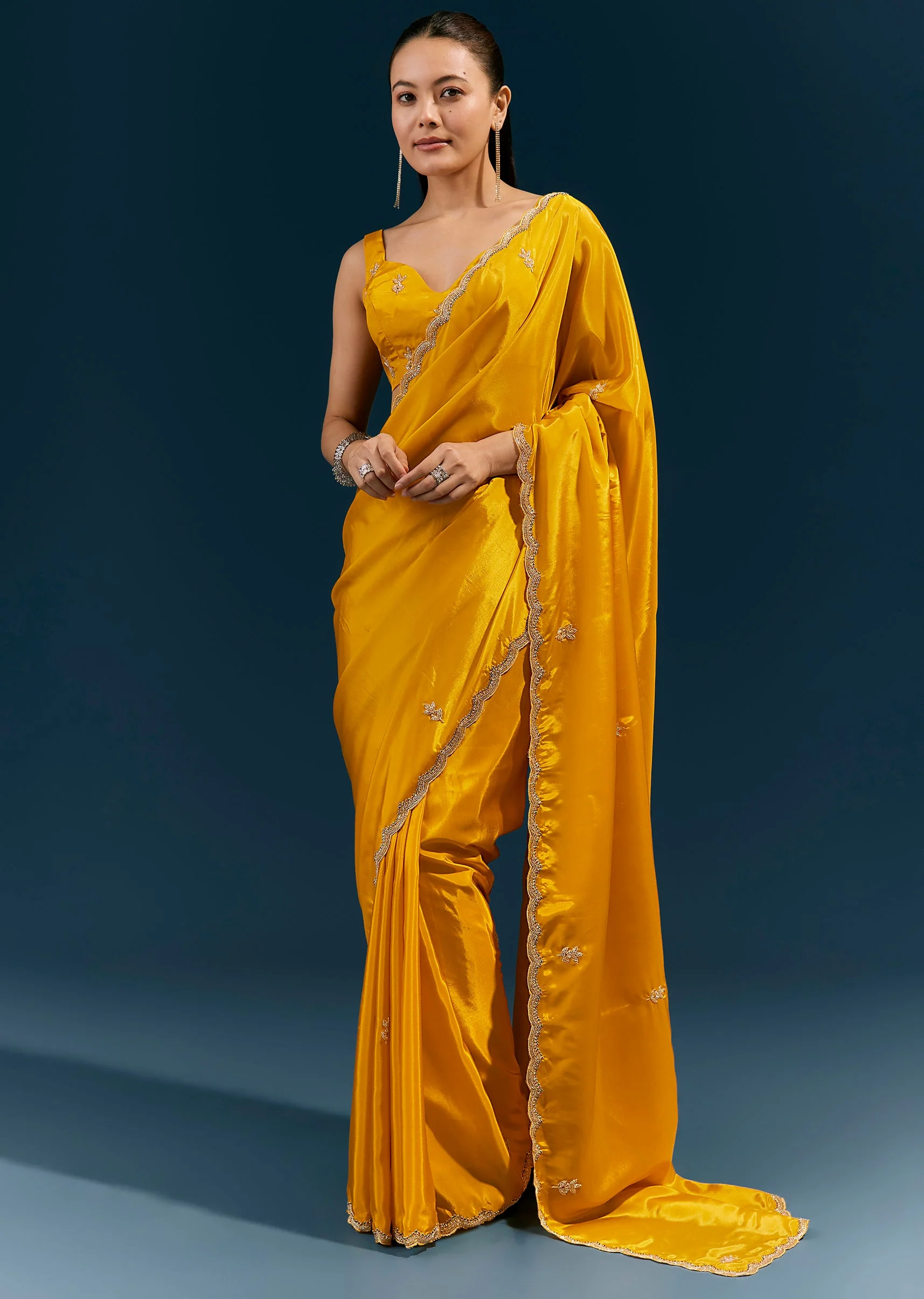 Mustard Yellow Satin Saree With Scalloped Embroidered Border And Butti