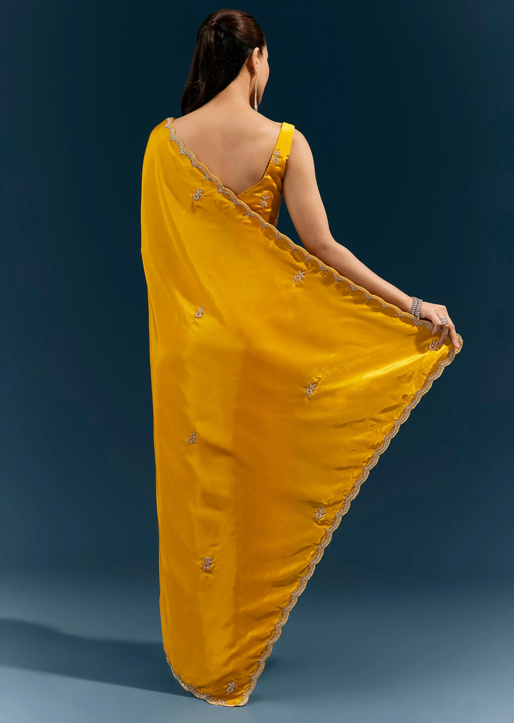 Mustard Yellow Satin Saree With Scalloped Embroidered Border And Butti - Image 4