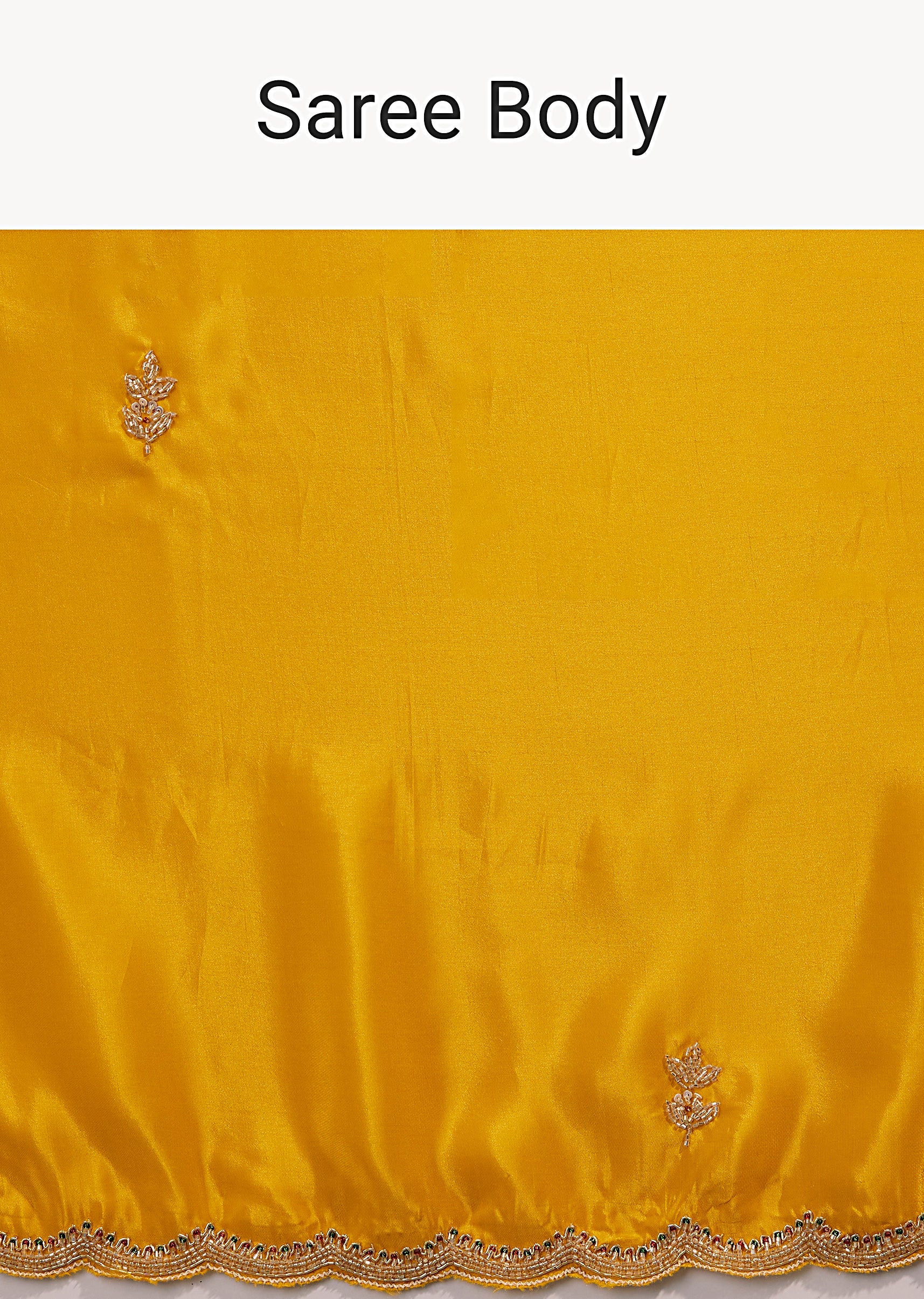 Mustard Yellow Satin Saree With Scalloped Embroidered Border And Butti - Image 9