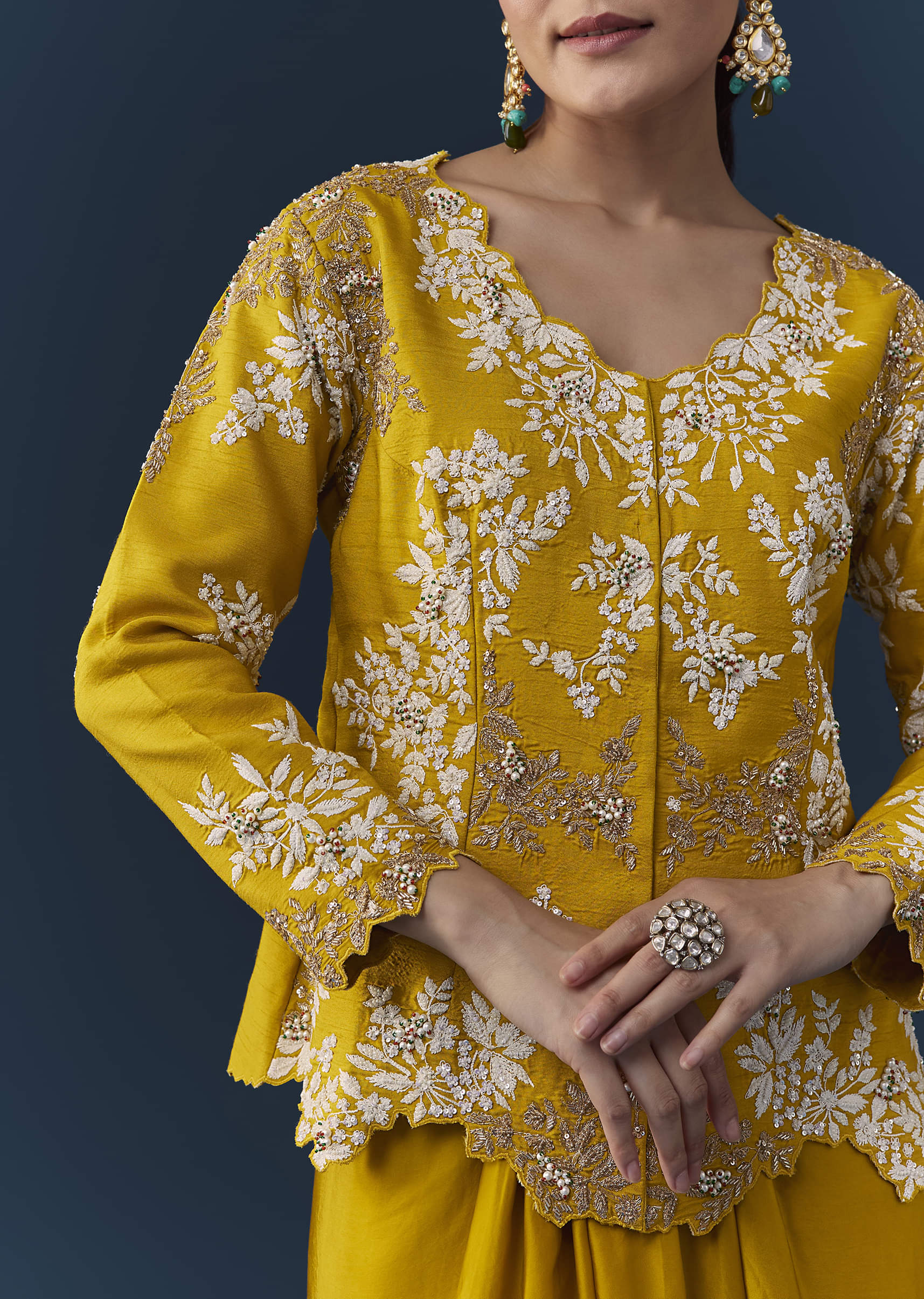 Mustard Yellow Satin Silk Top Skirt Set with Moti Work - Image 2
