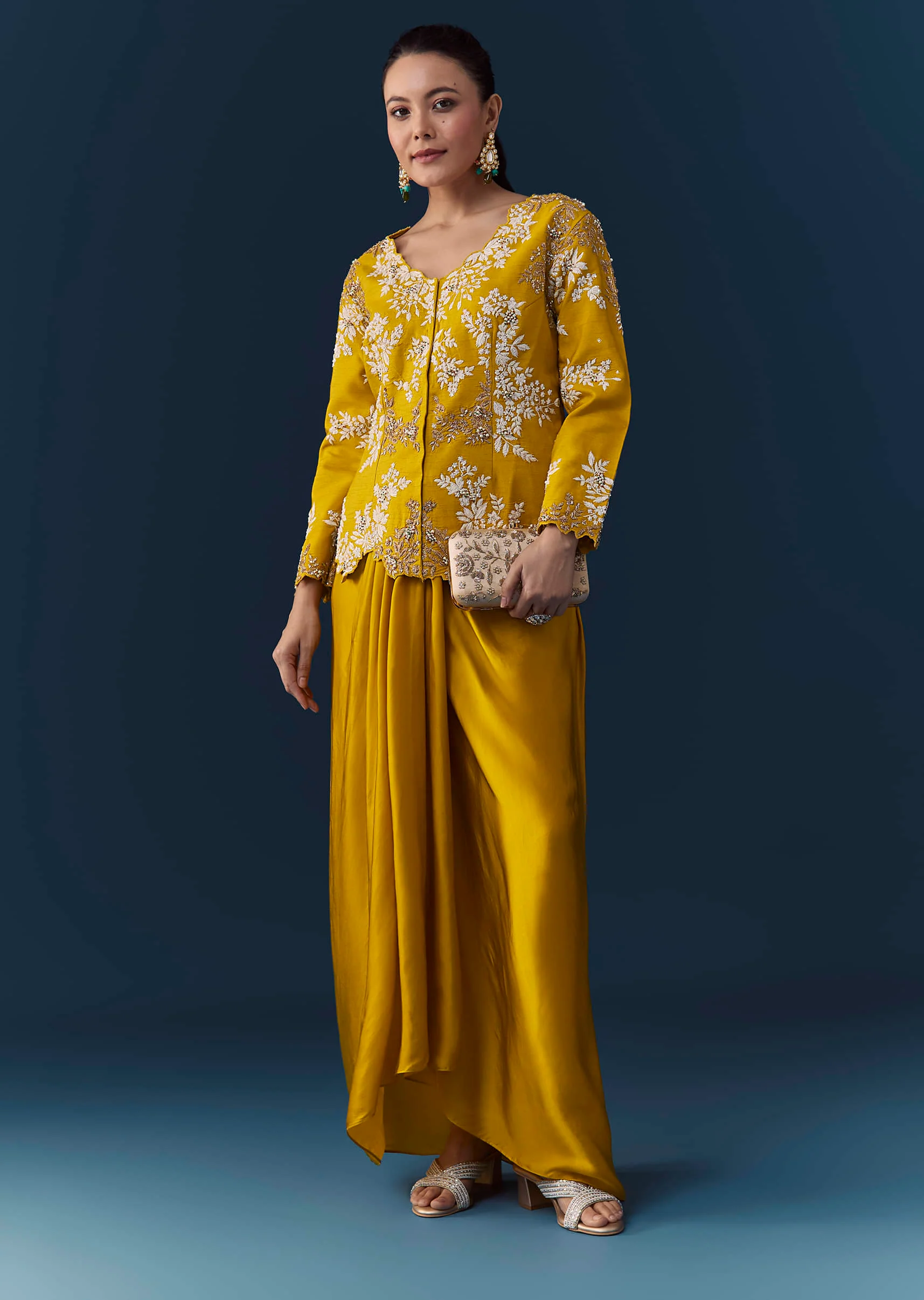 Mustard Yellow Satin Silk Top Skirt Set with Moti Work - Image 3