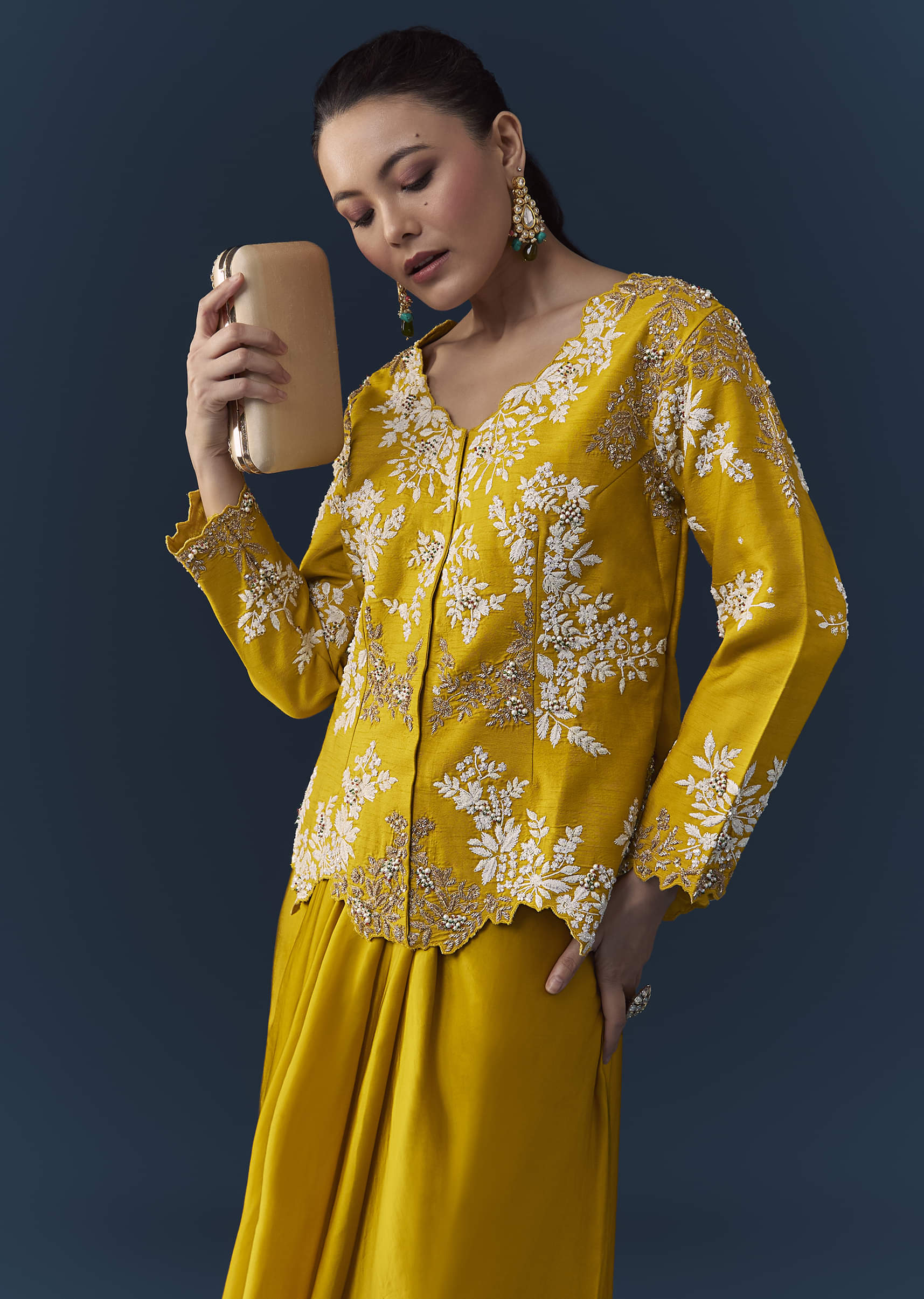 Mustard Yellow Satin Silk Top Skirt Set with Moti Work - Image 4