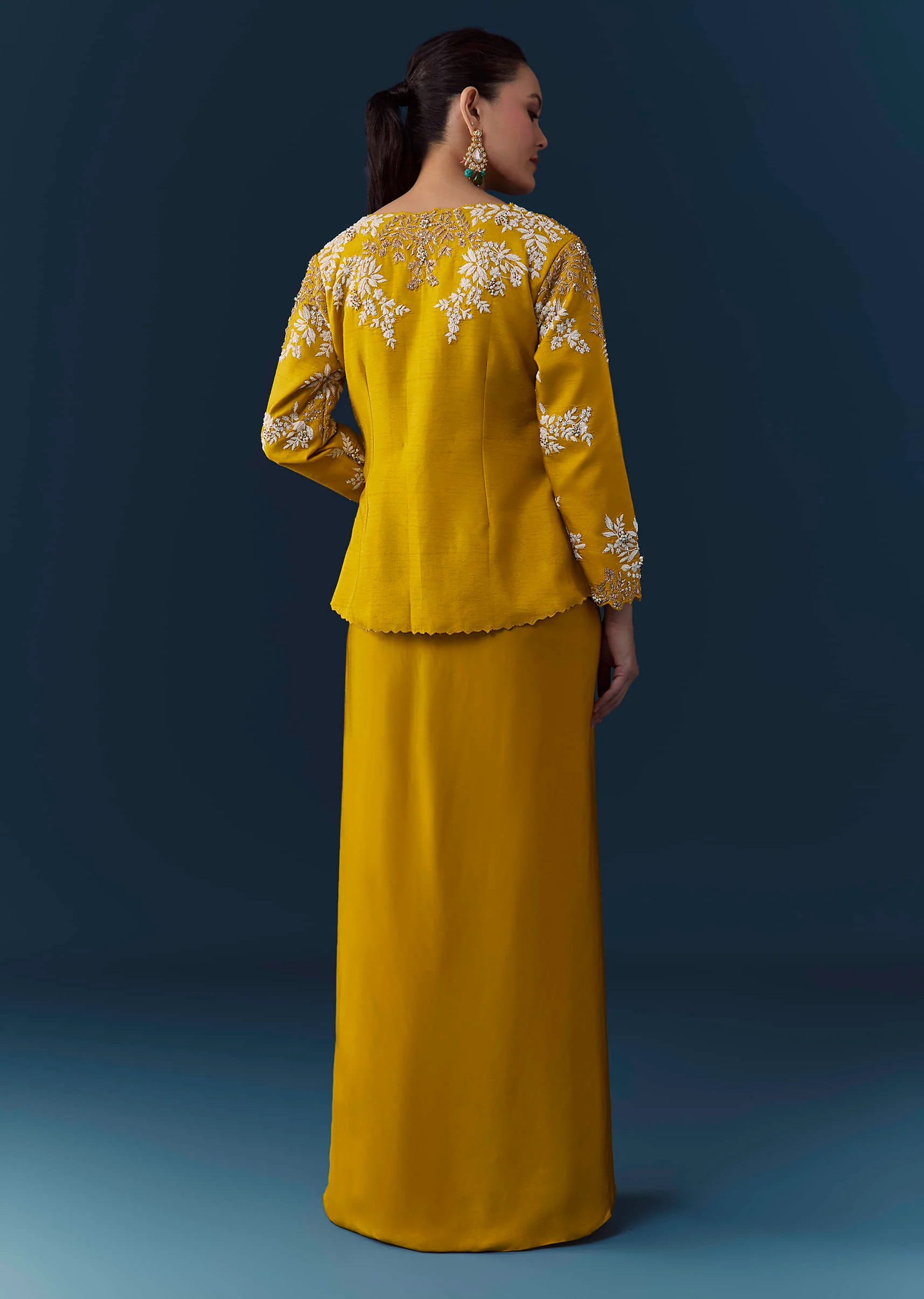 Mustard Yellow Satin Silk Top Skirt Set with Moti Work - Image 5