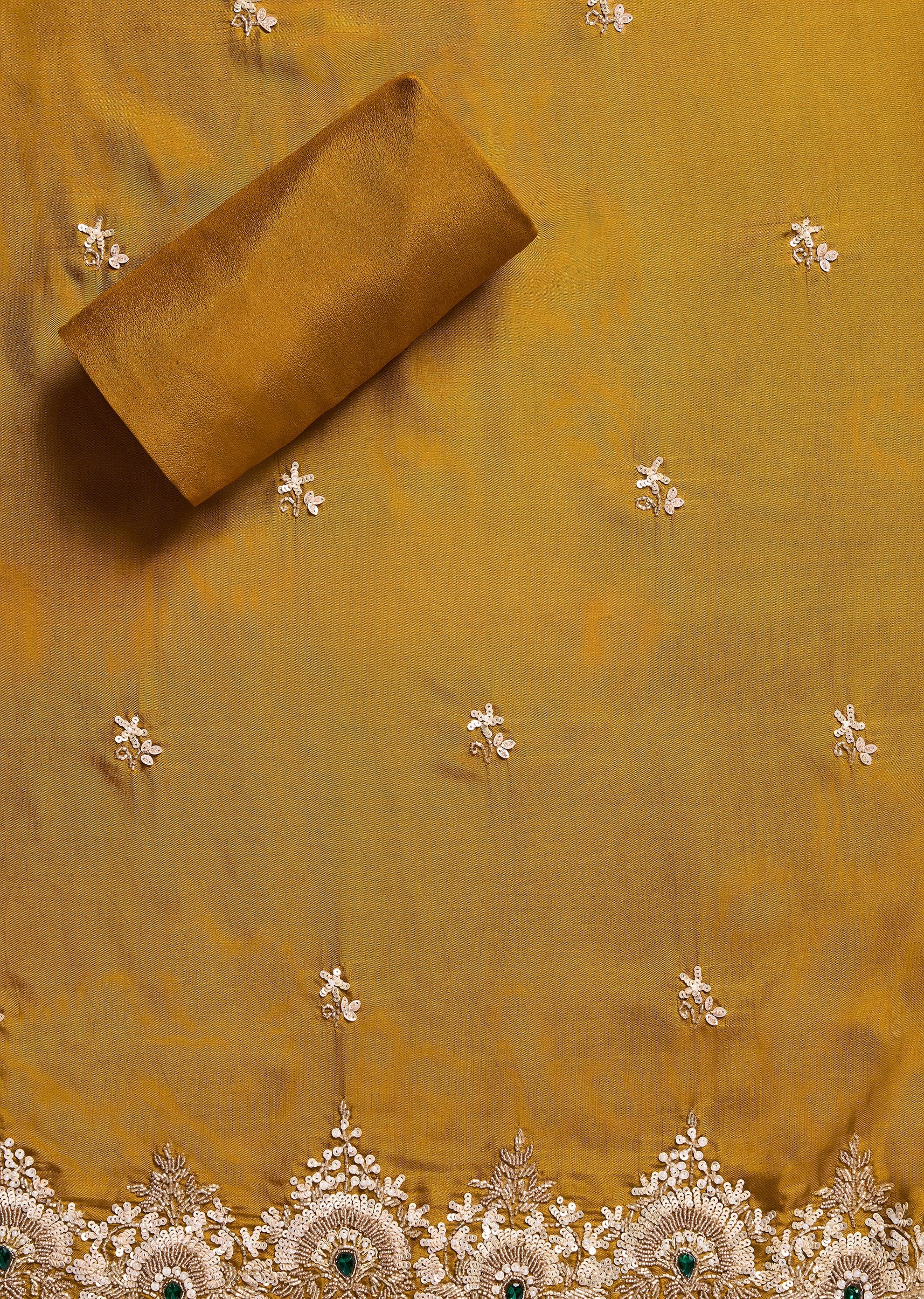 Mustard Yellow Satin Unstitched Suit With Dupatta - Image 3