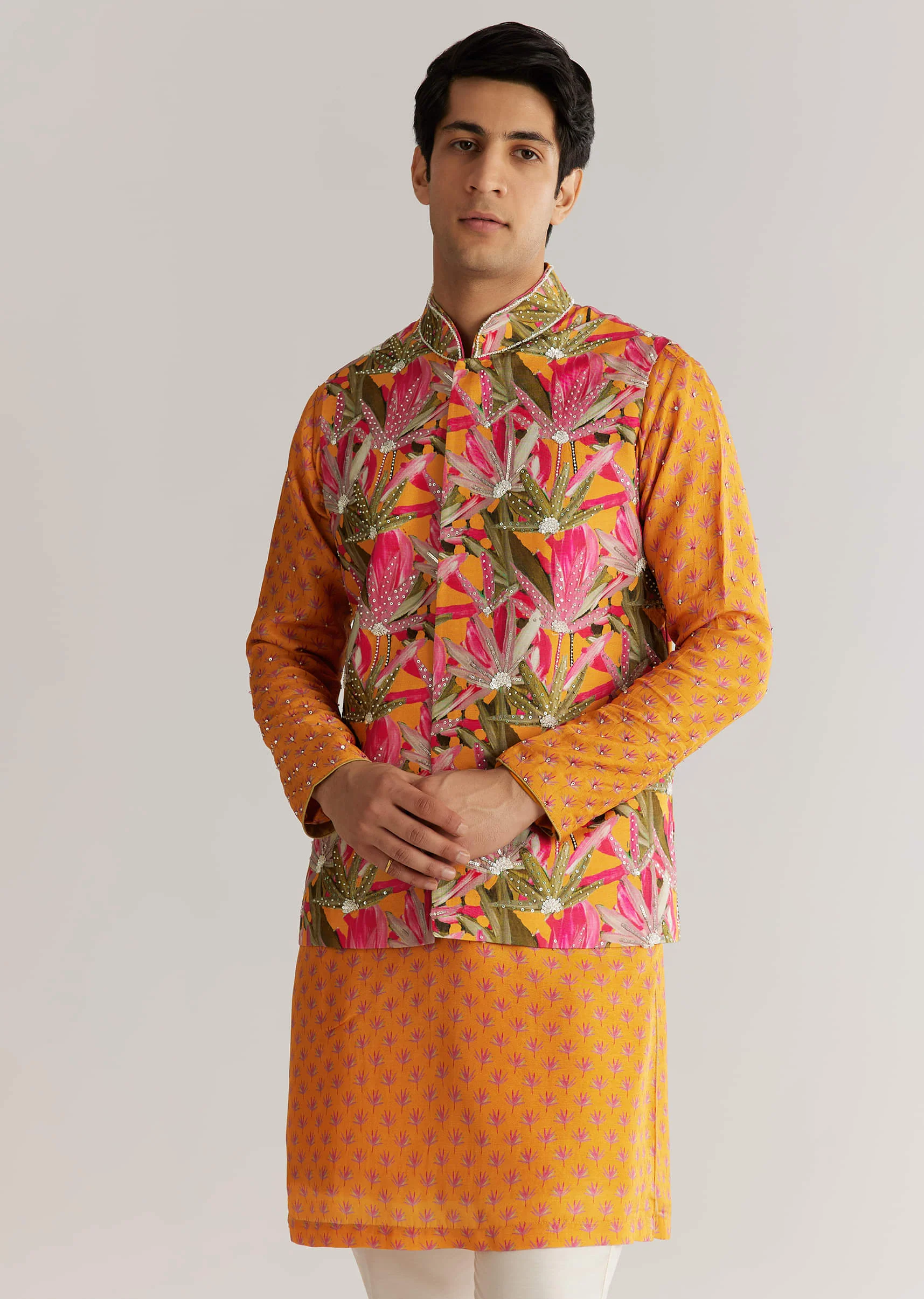 Mustard Yellow Silk 3D Crystal Pearl Floral Kurta Jacket Set