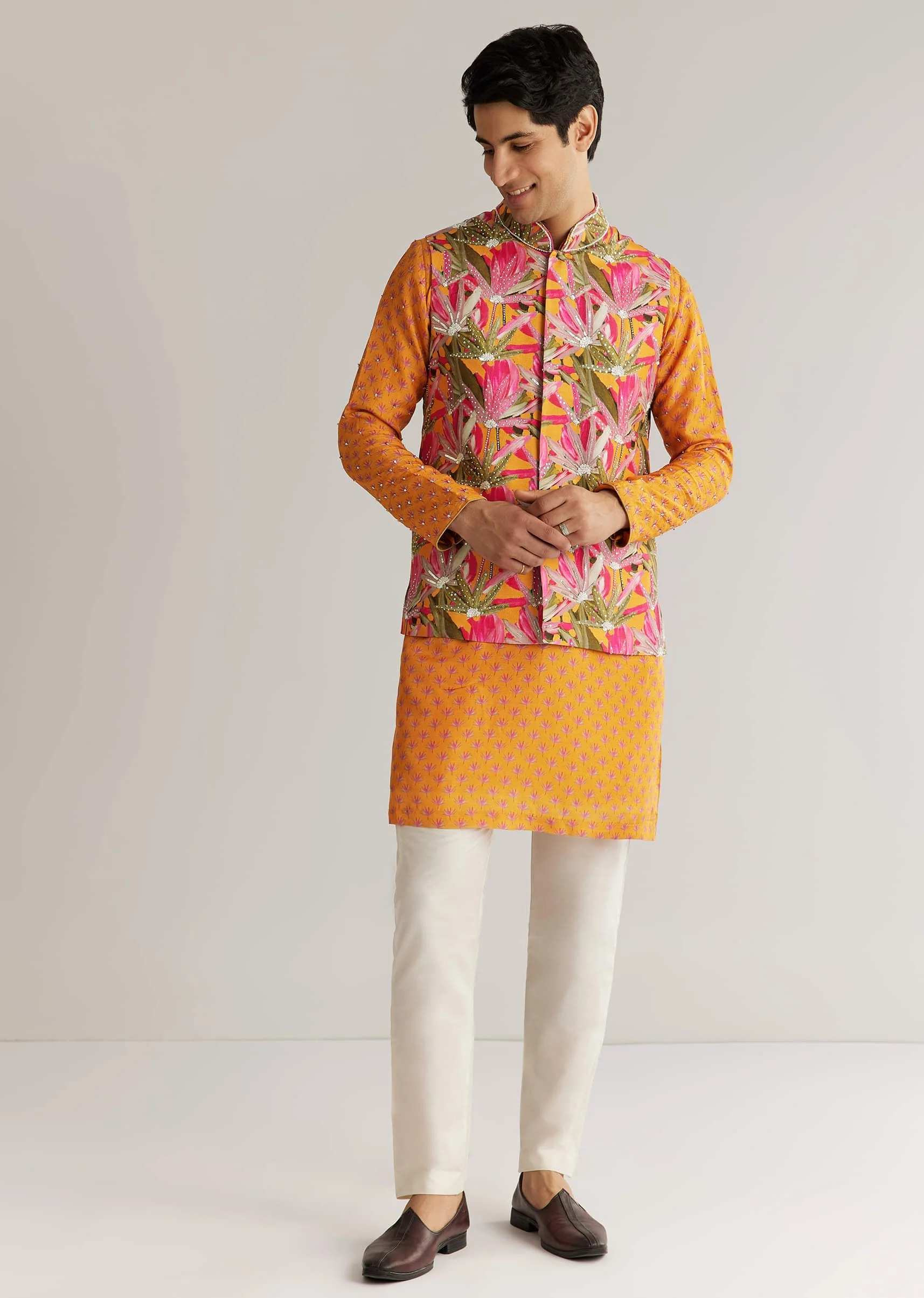 Mustard Yellow Silk 3D Crystal Pearl Floral Kurta Jacket Set - Image 2