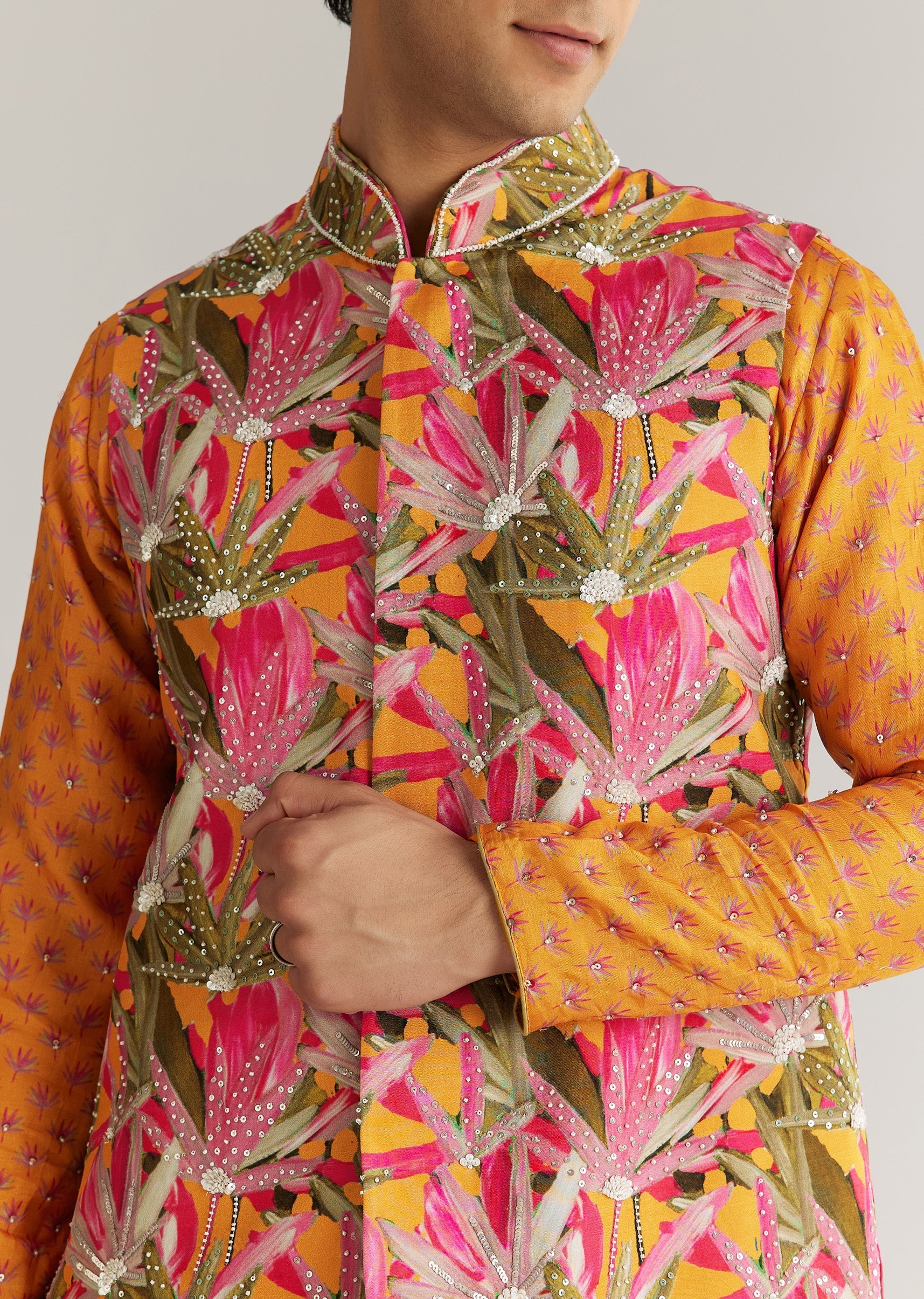 Mustard Yellow Silk 3D Crystal Pearl Floral Kurta Jacket Set - Image 3