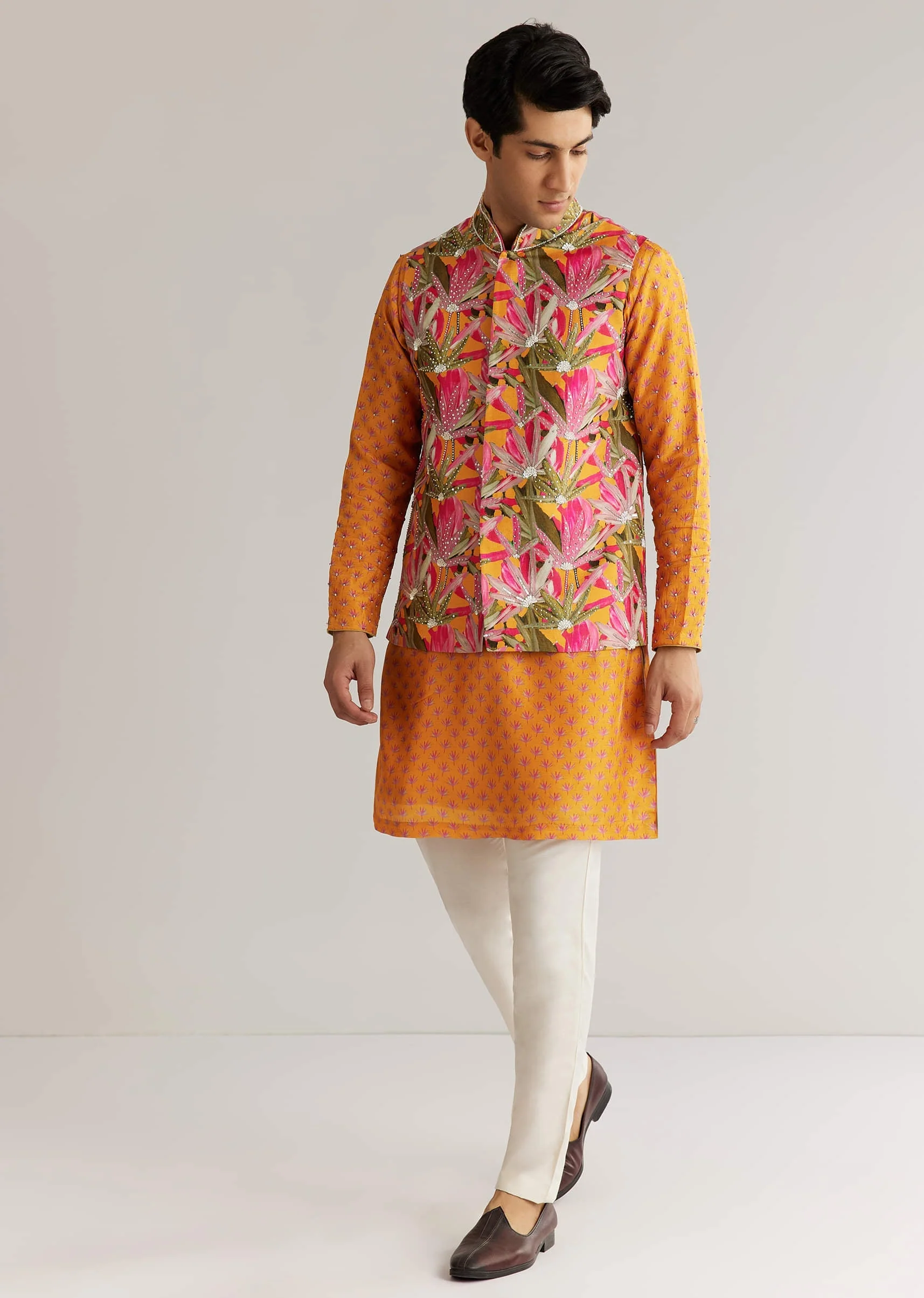 Mustard Yellow Silk 3D Crystal Pearl Floral Kurta Jacket Set - Image 4